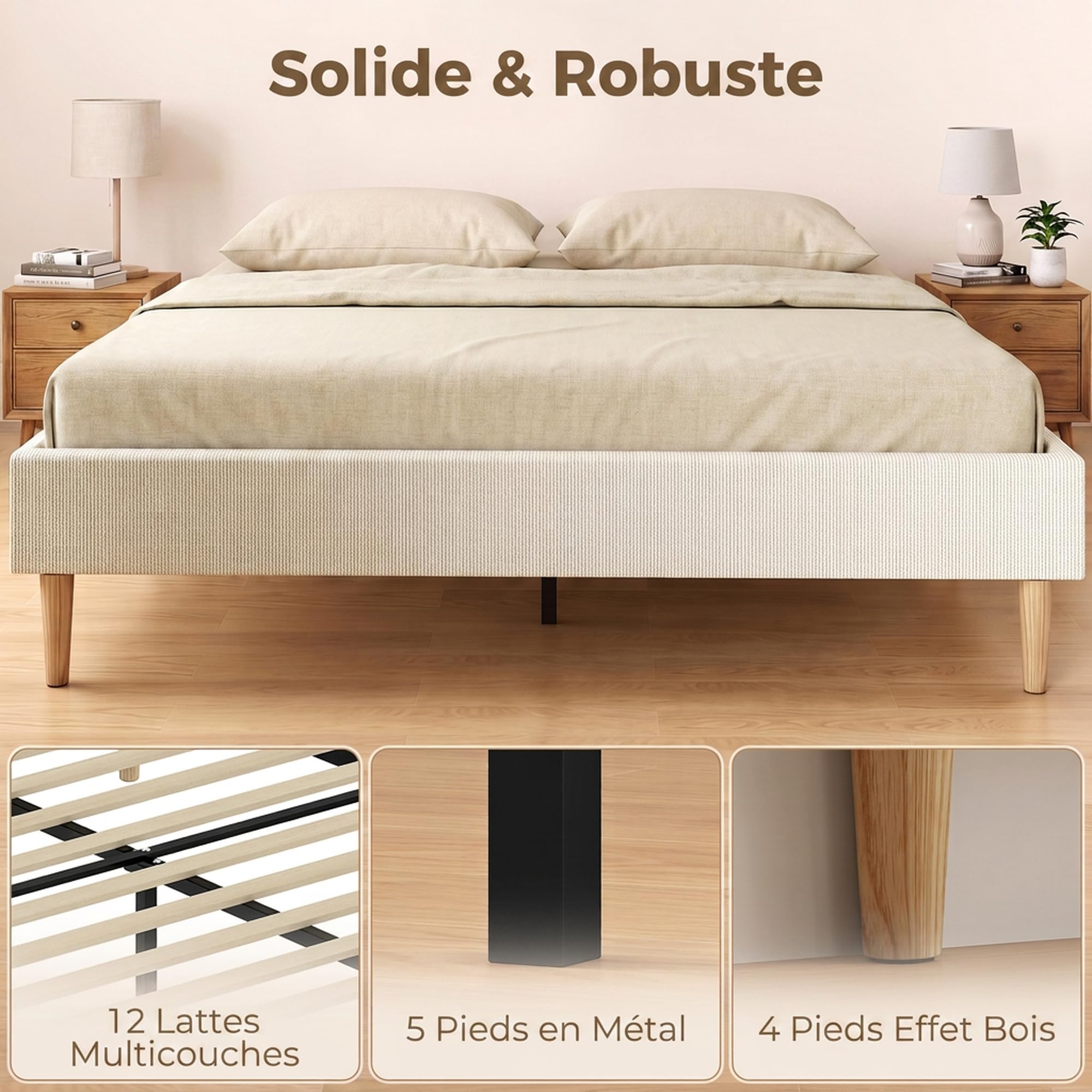 HOMCOM Struttura Letto 140 x 190 cm, Letto a Piattaforma Imbottito Effetto Velluto, Supporto Materasso con 12 Doghe, Silenzioso, Senza Base Aggiuntiva, Montaggio Facile, Crema