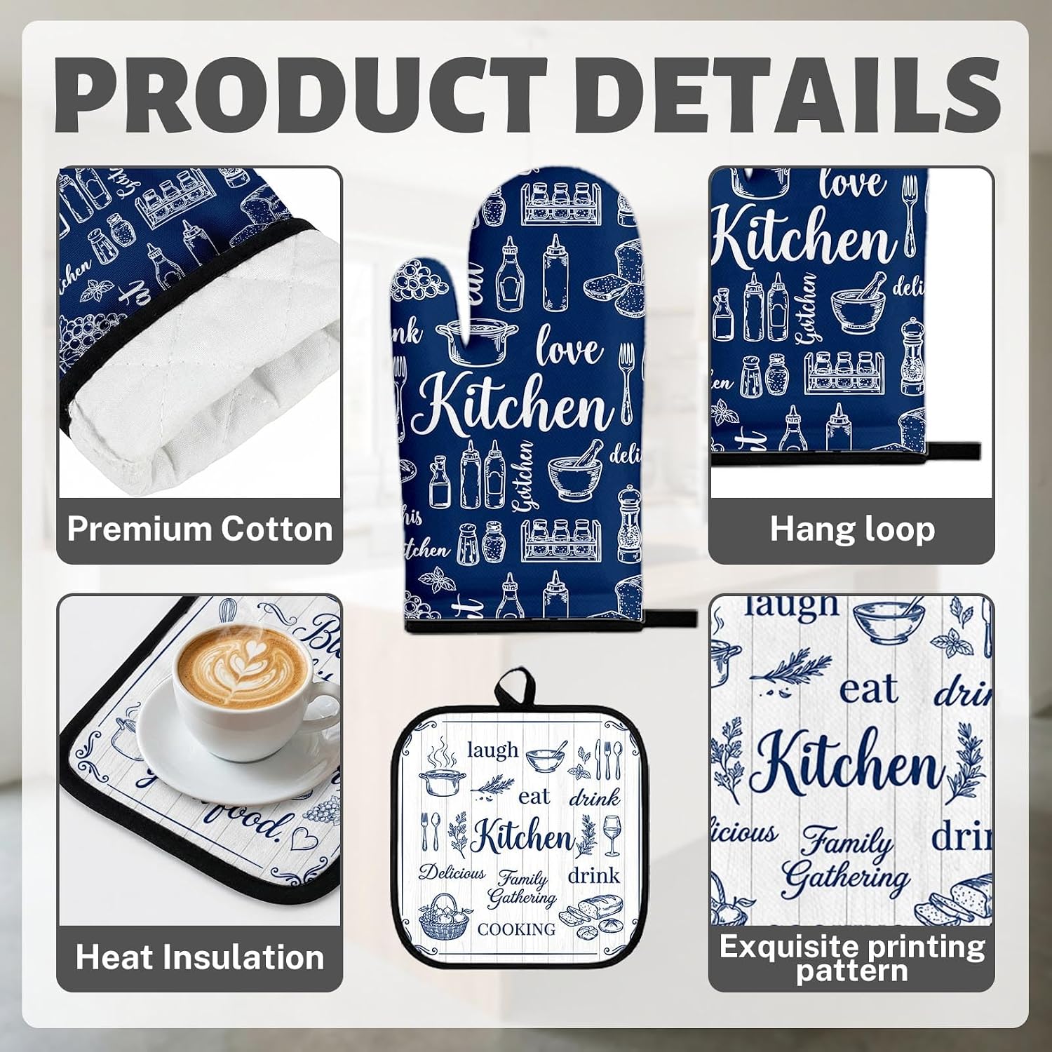 Navy Blue Kitchen Decor Set, Blue White Kitchen Towels, 8 Pack image 4
