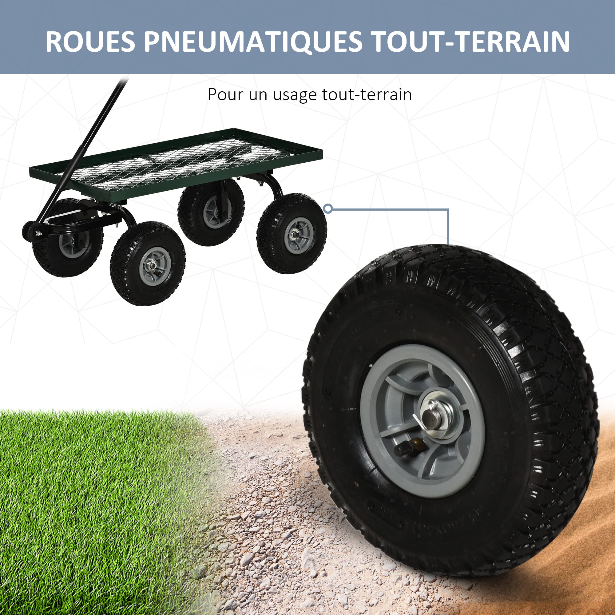 Outsunny Chariot de Transport Jardin remorque à Main charrette à Bras 4 Roues 94L x 48,5l x 100H cm Charge Max. 150 Kg métal Vert