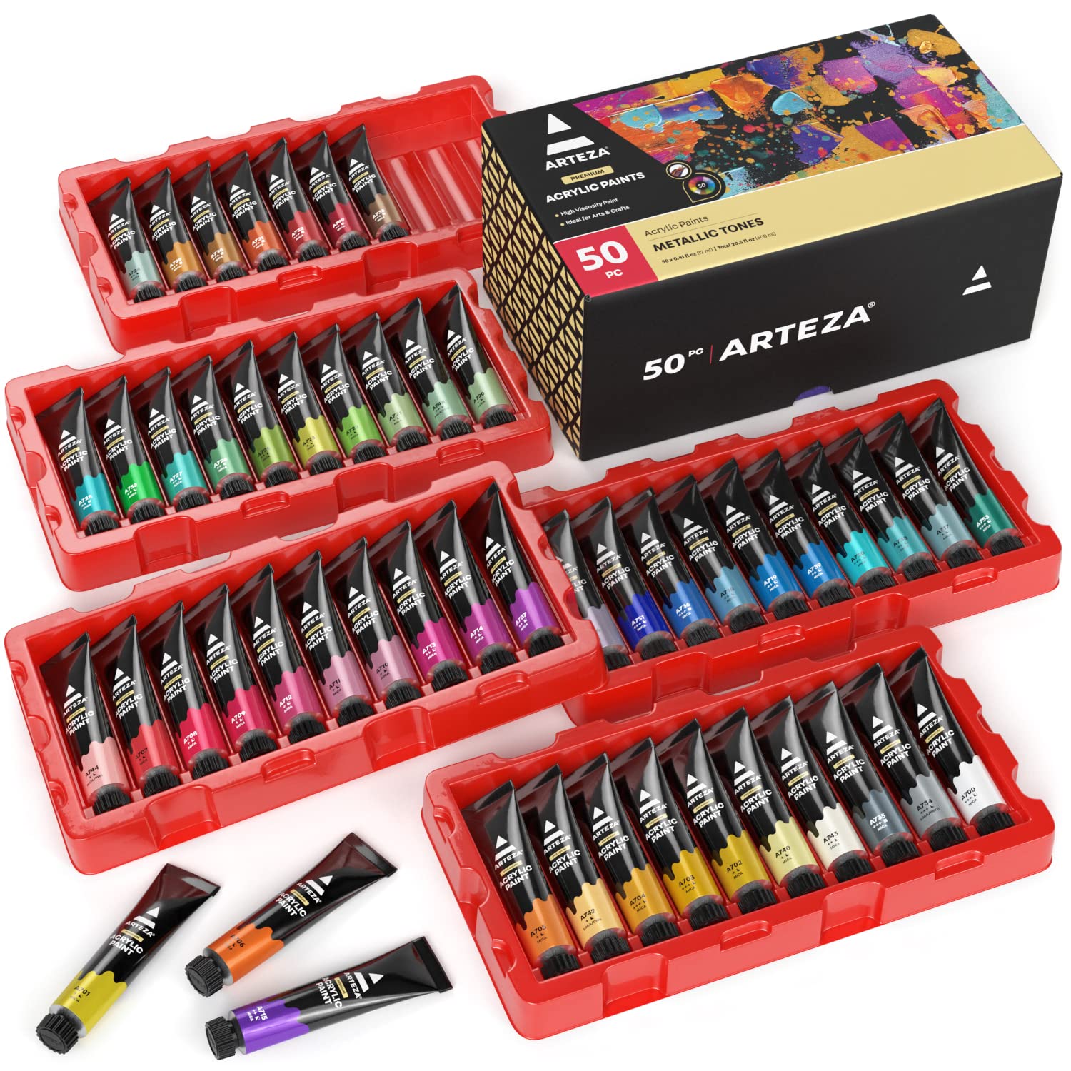 Arteza Acrylfarben-Probe-Set, 50 Metallic-Farben (12 ml)