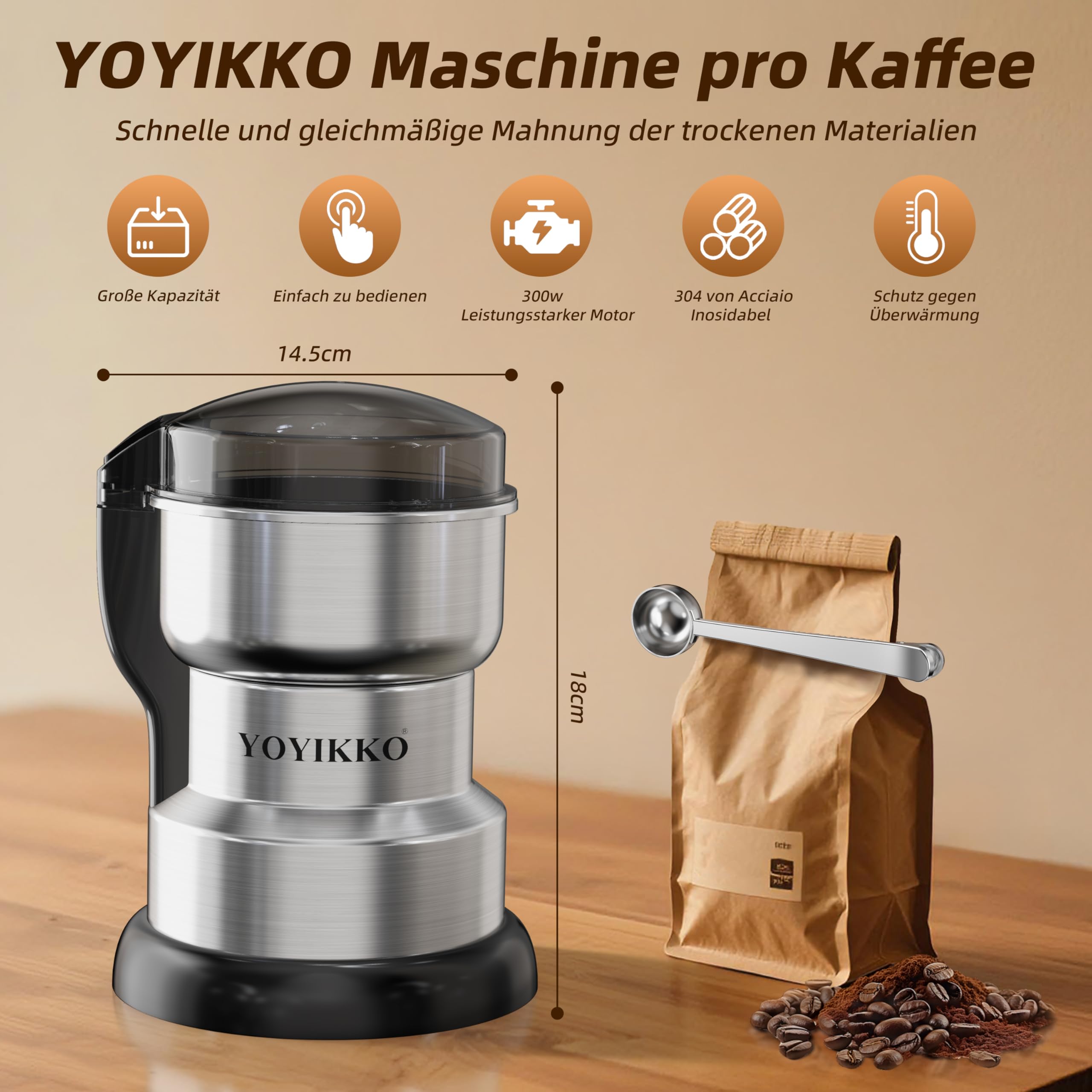 Kaffeemühlen Elektrisch 300W, Macinacaffè, Kaffeemühlen für Espresso/Gocciolamento/Versand. Macinacaffè Für Kaffee, Gewürze und andere Lebensmittel (Silber-178)