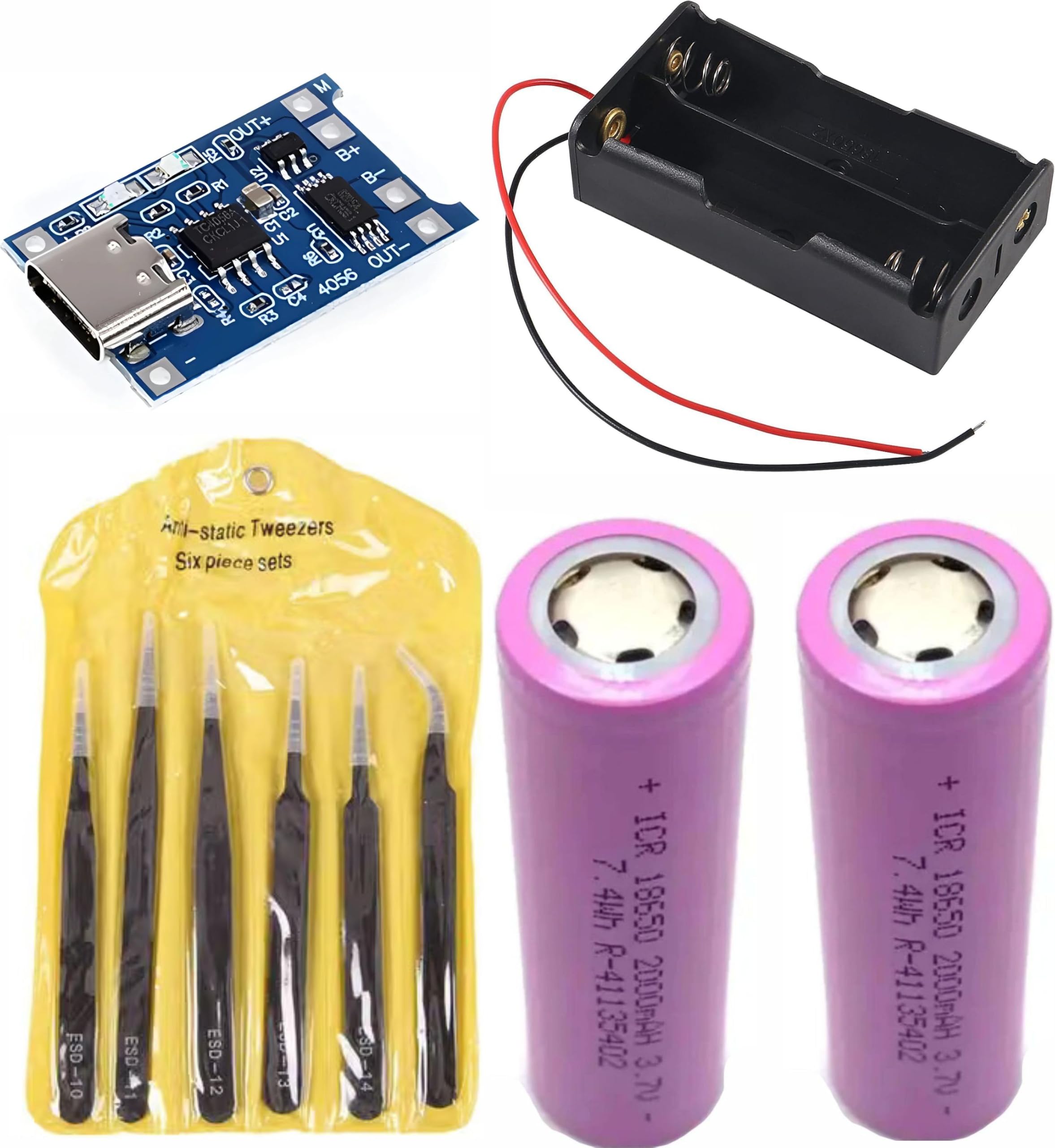 diy 18650 battery charging kit with tp4056 type-c li-ion charger module | includes battery holder, 6-piece tweezers, anti-static design, li-ion compatible, type-c input