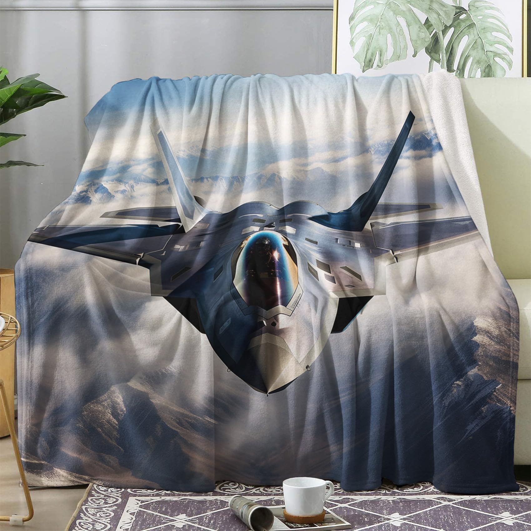 ECOTOS Jet Fighter Blanket Military War Throw Fleece Blanket for Bed Sofa, Soft Fluffy Flannel Warm Blankets and Throws for Armchairs Couch Outdoor Camping Travel, Queen 220x240cm