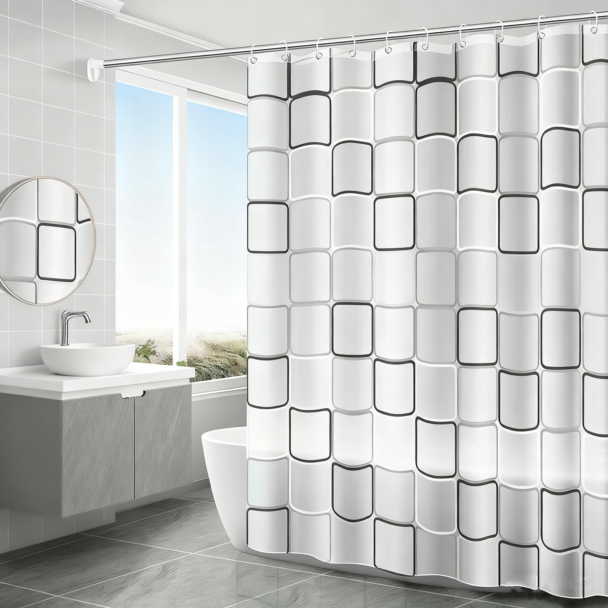 TGYIMENG Shower Curtain for Bathroom, PEVA Waterproof Anti-Mould Proof Resistant | Quick-Drying | Washable Bathroom Curtain with 12 Pcs Curtain Hooks,80 x 180 cm (71 x 71 Inch) (Grid, 180 * 180) — image 1