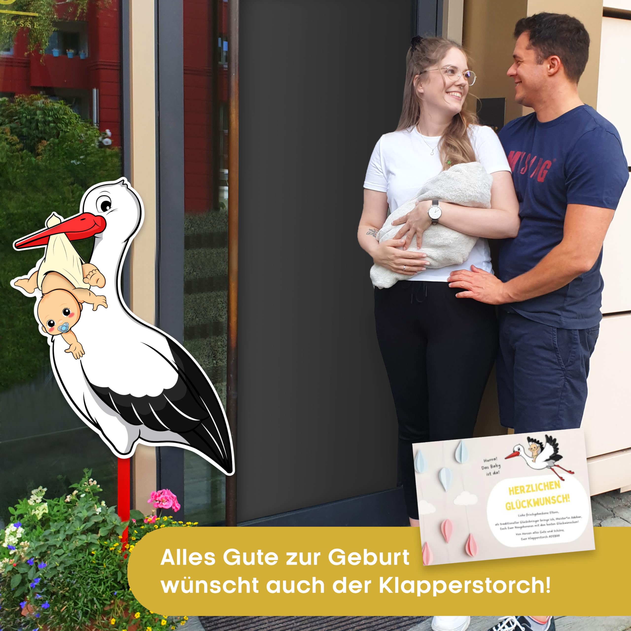 GLÜCKSGUT® Klapperstorch Baby Gelb, 88 cm | 2-teiliges Set | Geburtsstorch inkl. Bambusstab + Grußkarte | Storch Geburt für Draussen & Drinnen | Geburtsgeschenk