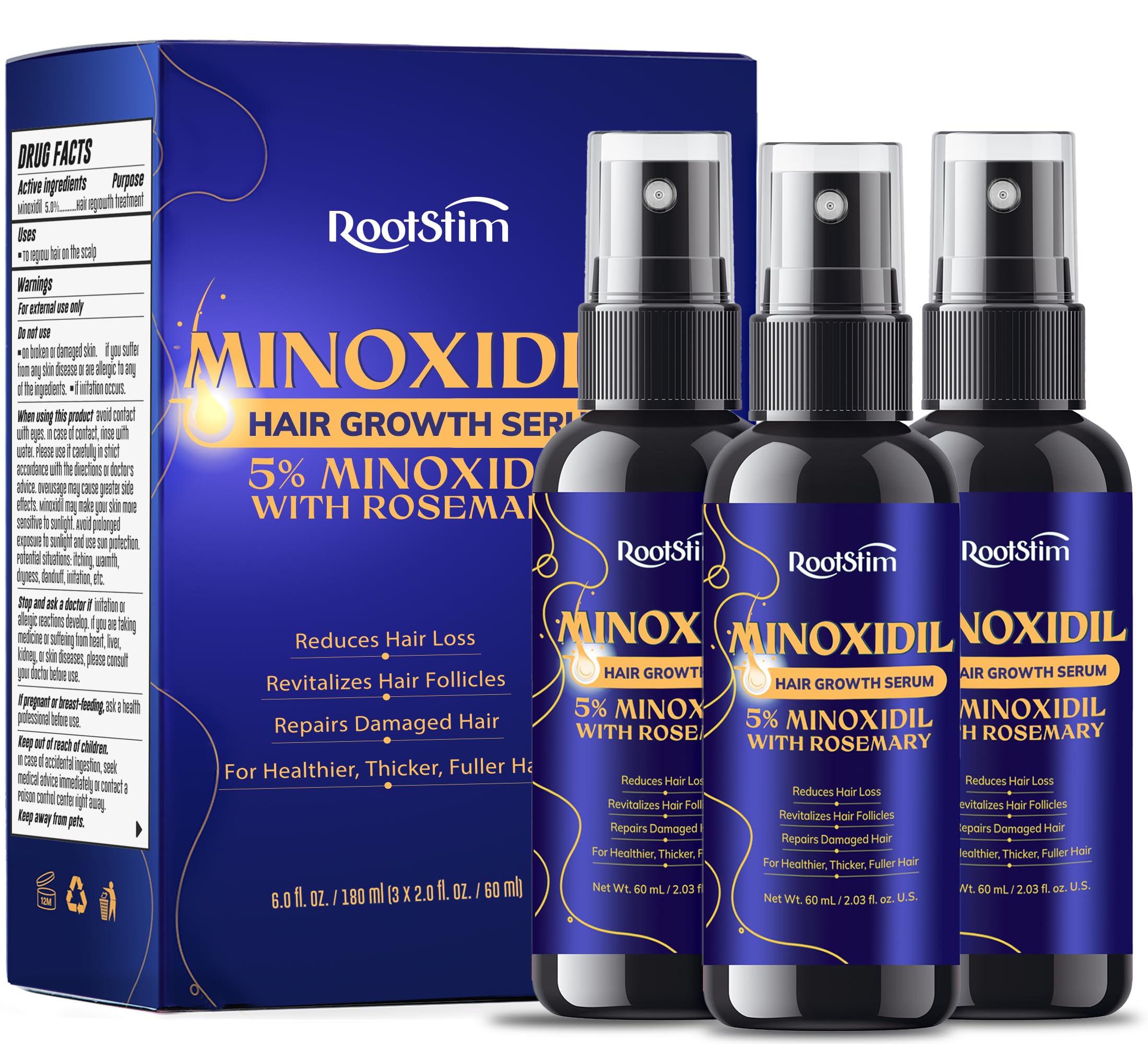 5 Minoxidil Hair Growth for Men and Women 3-Pack RootStim Extra Strength Minoxidil with Rosemary for Thinning Hair