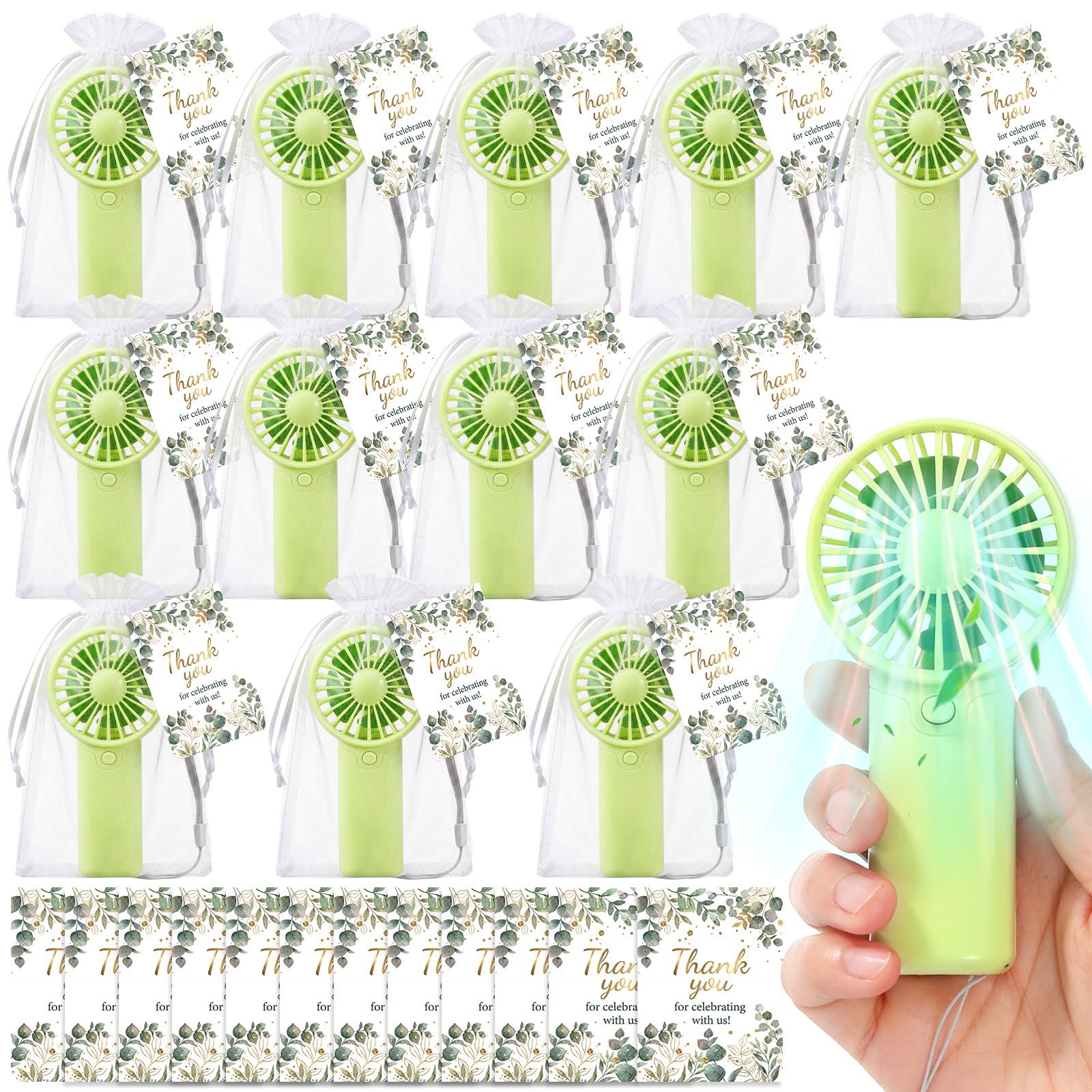 Éventails en eucalyptus avec sacs et cartes pour invités (Lot de 12)