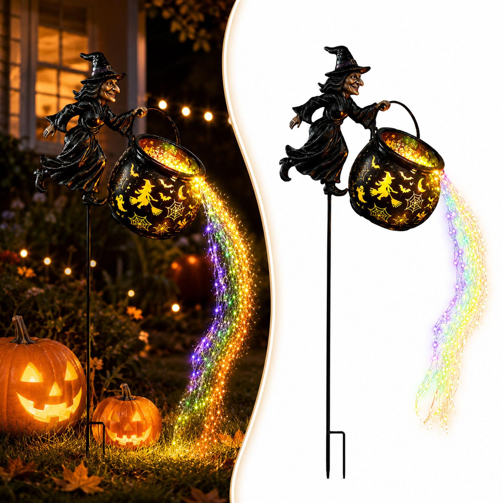 Halloween Witch Cauldron Garden Light, LED Color Waterfall-Style Light Flow Flying Witches Halloween Décor (1PCS)