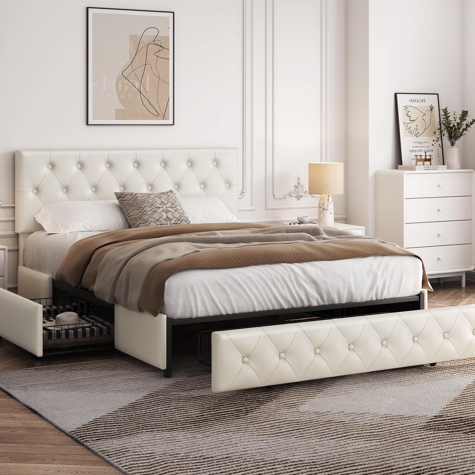 Yaheetech Queen Bed Frame Upholstered Bed Frame with Adjustable Diamond Button-Tufted Headboard/3 Drawers Storage, Queen Platform Bed/Strong Wooden