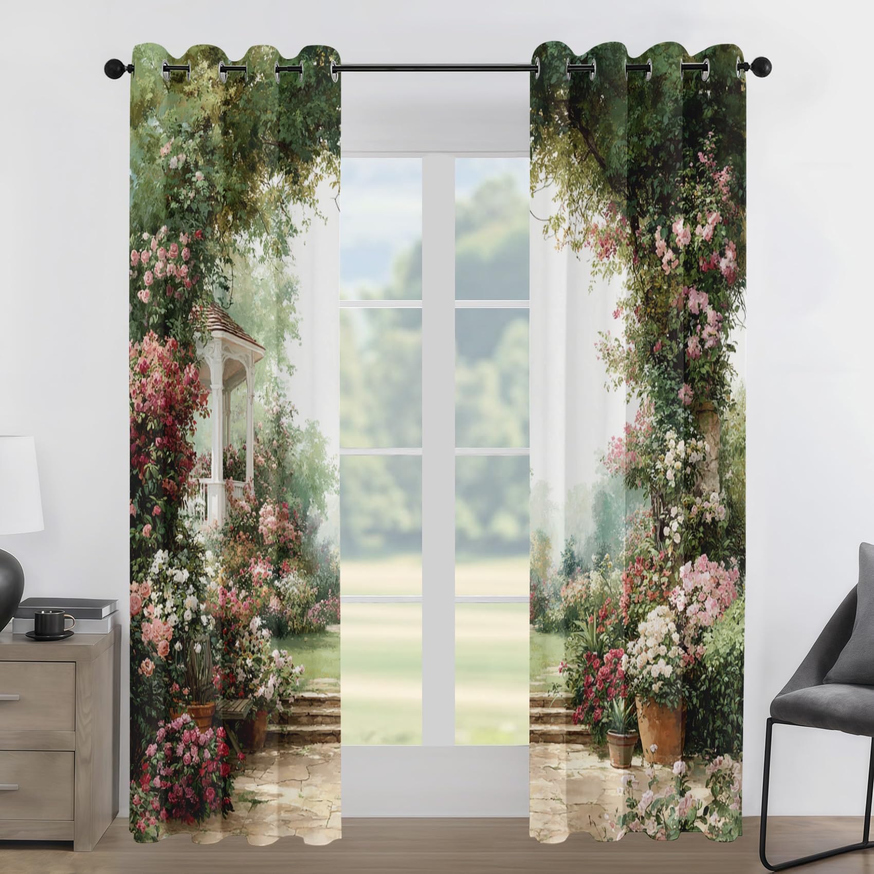 Générique Lot de 2 Rideau Occultant Fleur Jardin, Impression Rustique Romantique Rideaux de Fenêtre Thermique Isolants Anti Bruit a Oeillets Rideaux Chambre Salon 117x137 cm Z83j