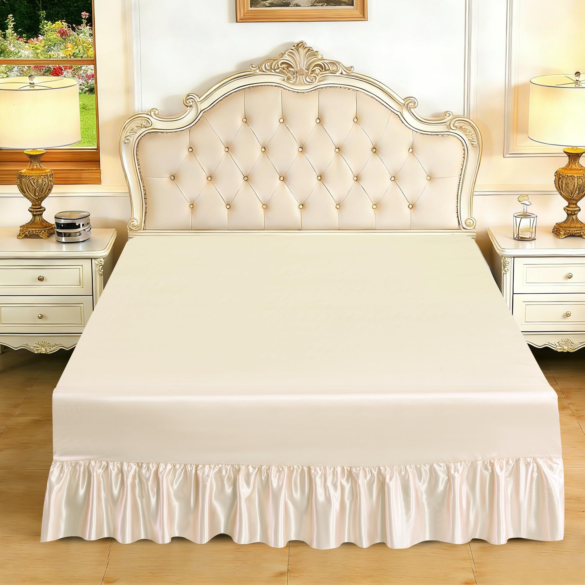 Satin Valance Sheet for Divan Base – Smooth Luxury Satin Fitted Sheet with 30cm Box & Bed Skirt with 35cm Drop Soft Easy Care Silky Bedding for UK Beds (Cream, Double)