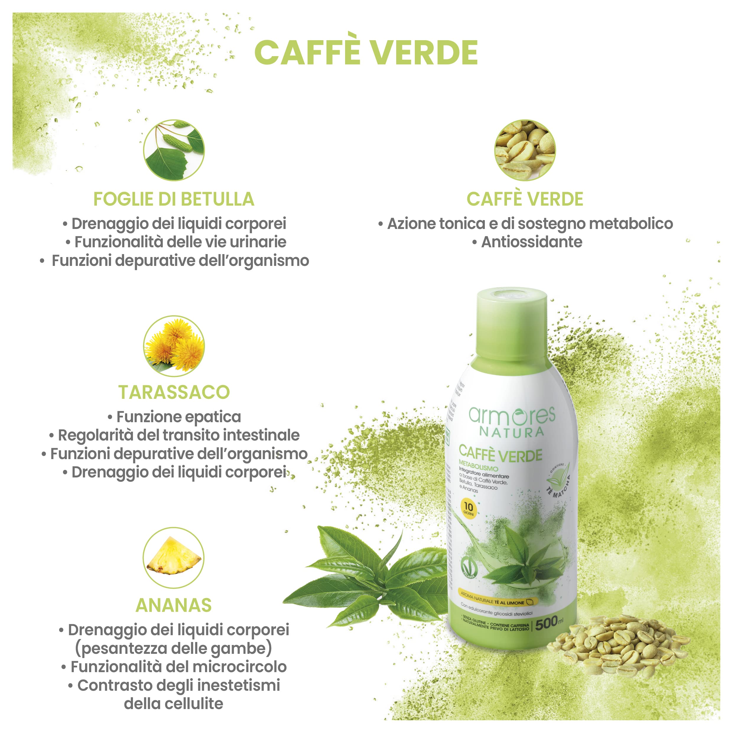 Armores Natura Integratore Alimentare, Caffè Verde, a Base di Caffè Verde, Betulla, Tarassaco e Ananas, con Tè Matcha, Vegano, Senza Glutine e Lattosia, Flacone 500ml