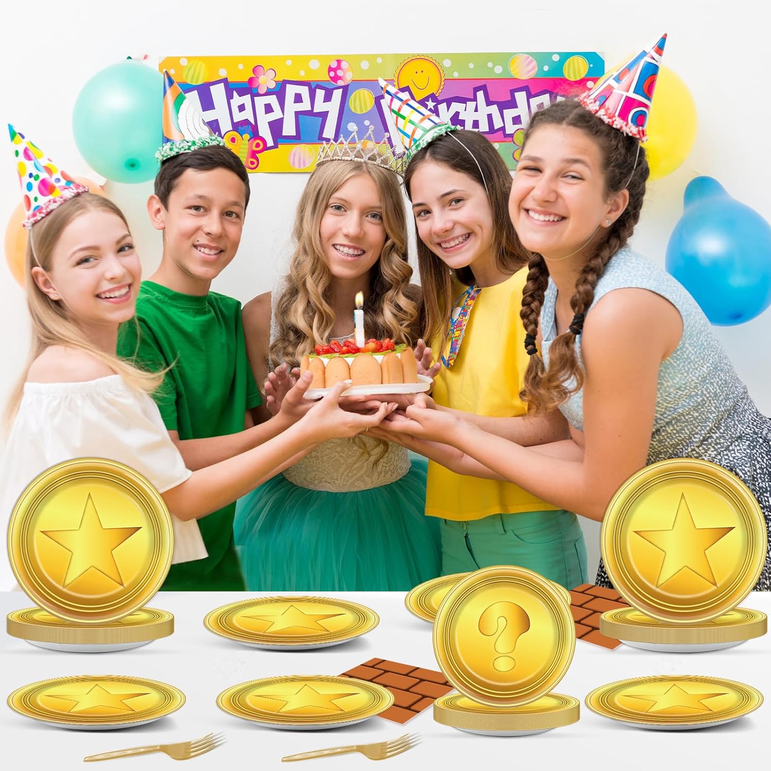 96Pcs Super Cartoon Brother Paper Plates and Napkins Video Game Theme Birthday Party Supplies Super Theme Brother Disposable Tableware Set for Gaming Birthday Baby Shower Party Decoration Serve 24