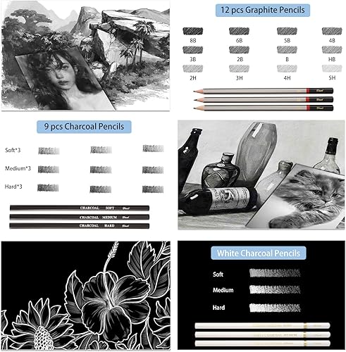 Miniatura 4 de Tioucd Kit de dibujo de 73 piezas, suministros de arte profesional, juego de dibujo con grafito, carbón, acuarela de colores, lápices metálicos,