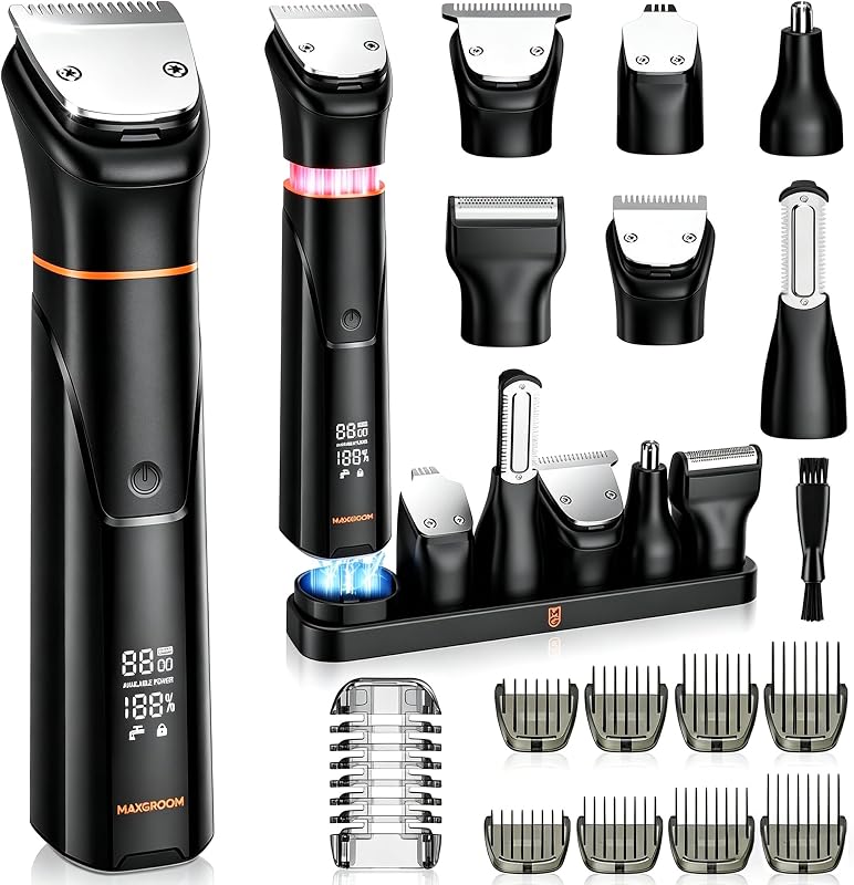 Aparador de barba e bigode MAXGROOM 6 em 1, sem fio, com cabeças magnéticas, USB-C e cor preta