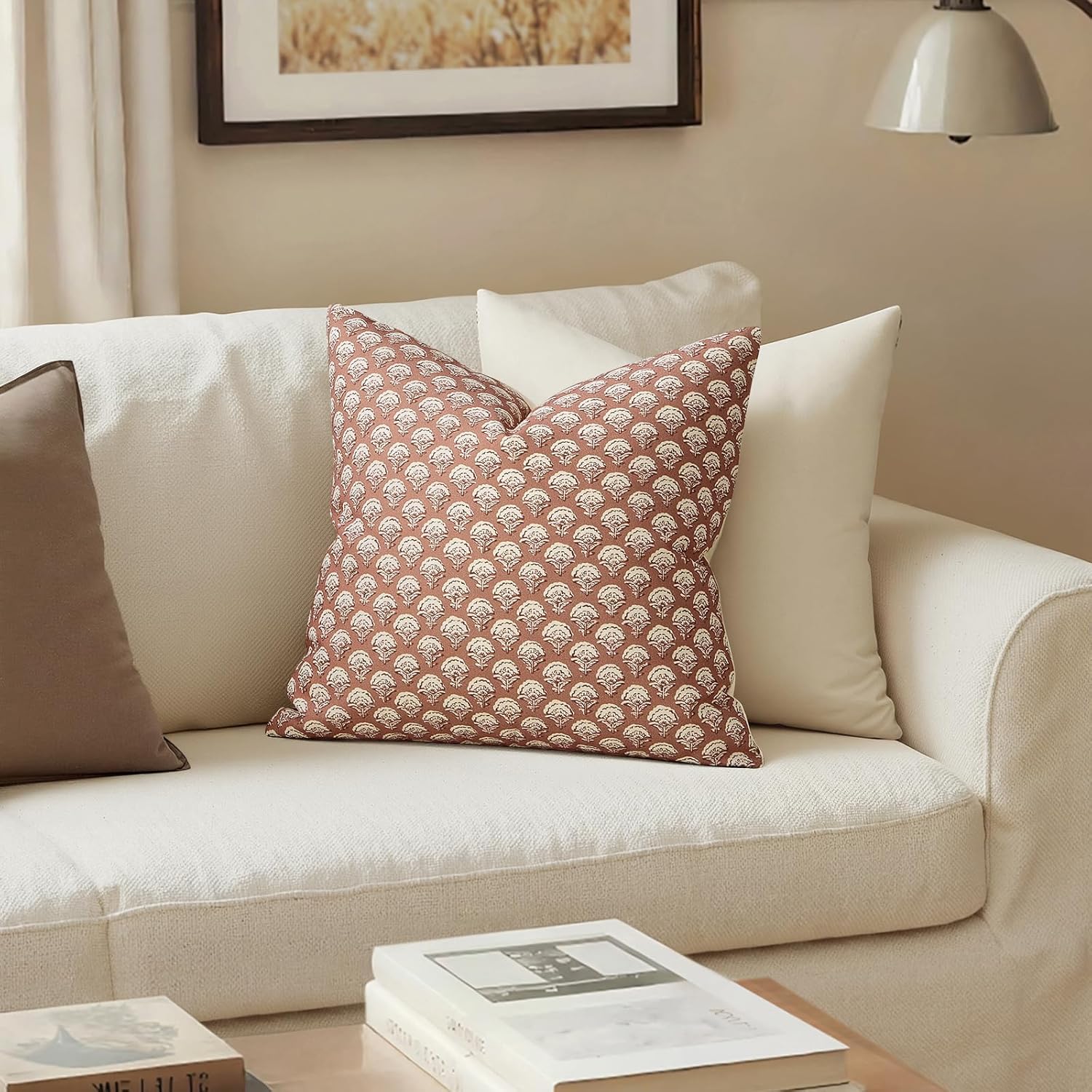 MIULEE Set of 2 Decorative Floral Pillow Covers Neutral Vintage Throw Pillows Block Print Boho Farmhouse Cushion Covers for Modern Spring Home Decor Couch Sofa Bed Living Room, 22x22 Inch, Almond