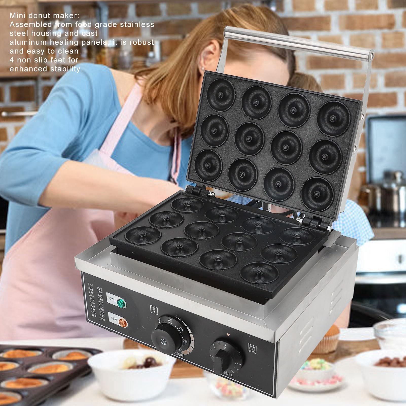 Mini Donut Maker, 12 Hole Non Stick Double Sided Electric Donut Maker Machine with LED Indicator, Commercial Electric Donut Maker for Commercial Use (US Plug 110V)