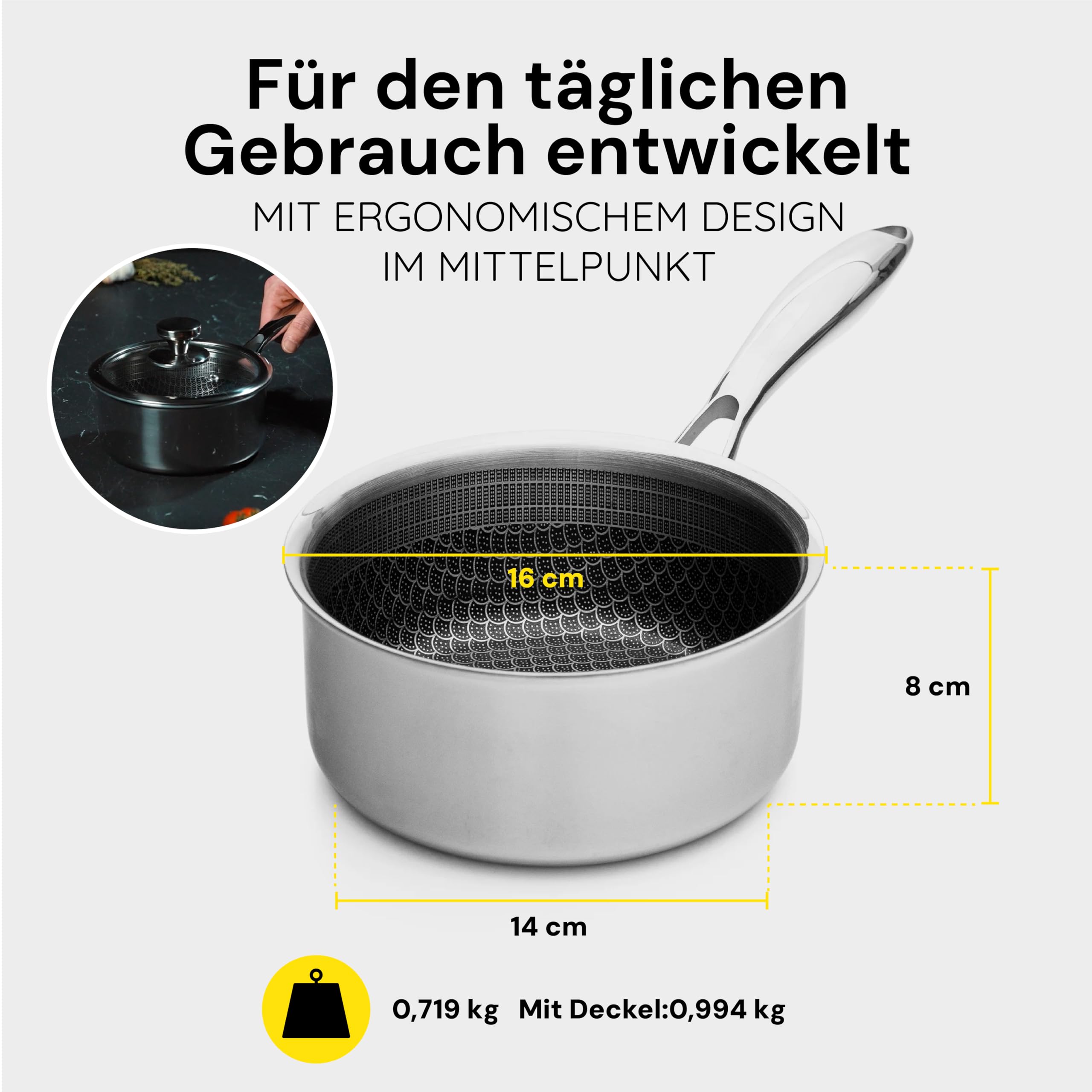 MISO Stielkasserolle mit Deckel 16cm (1,6L) Diamond Dust Keramik Non-Stick, Hochwertige Kasserolle aus Tri-Ply Edelstahl, 100% PFAS-frei, Induktion, spülmaschinen- & ofenfest