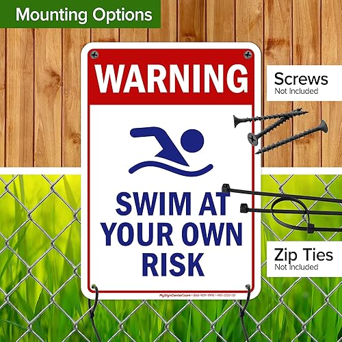 Vista 29 de Señal de advertencia de natación a tu propio riesgo, 10 x 14 pulgadas, libre de óxido, aluminio 040, resistente a la decoloración, fabricado