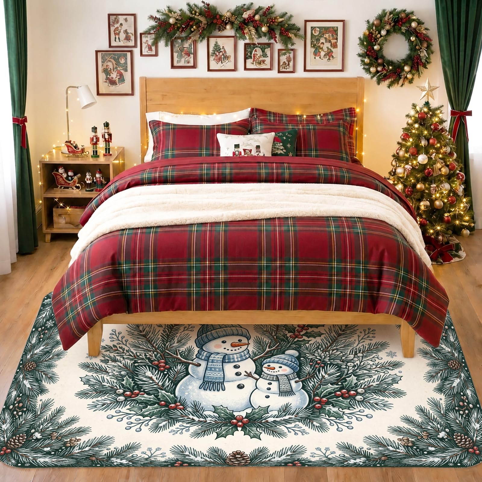 Snow Man and Pine - Alfombra de área navideña con escena de invierno de 5 x