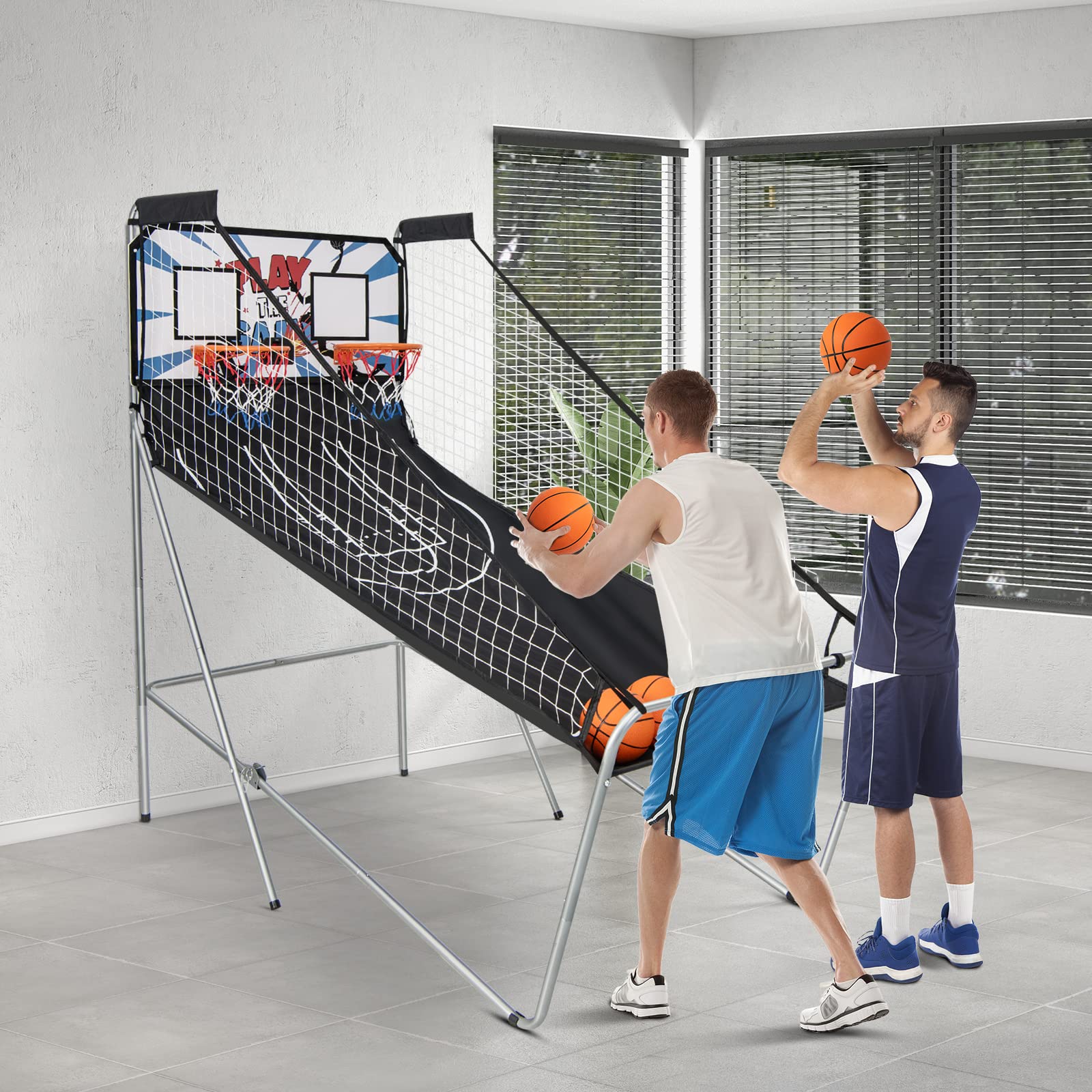 GYMAX Automat Basketballkorb, faltbar Elektronische Basketballspiel mit 8 Spieleinstellungen & elektronischer Anzeigetafel, Schießmaschine inkl. 4 Bällen & 2 Fangkörben (Schwarz)