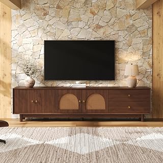 Modern 78" Rattan TV Stand for 85 Inch TVs, Natural Wood-Grain Finish | Entertainment Center, Media Console, Storage Cabinets, Drawers, Metal Handles, Mid-Century Modern, Living Room