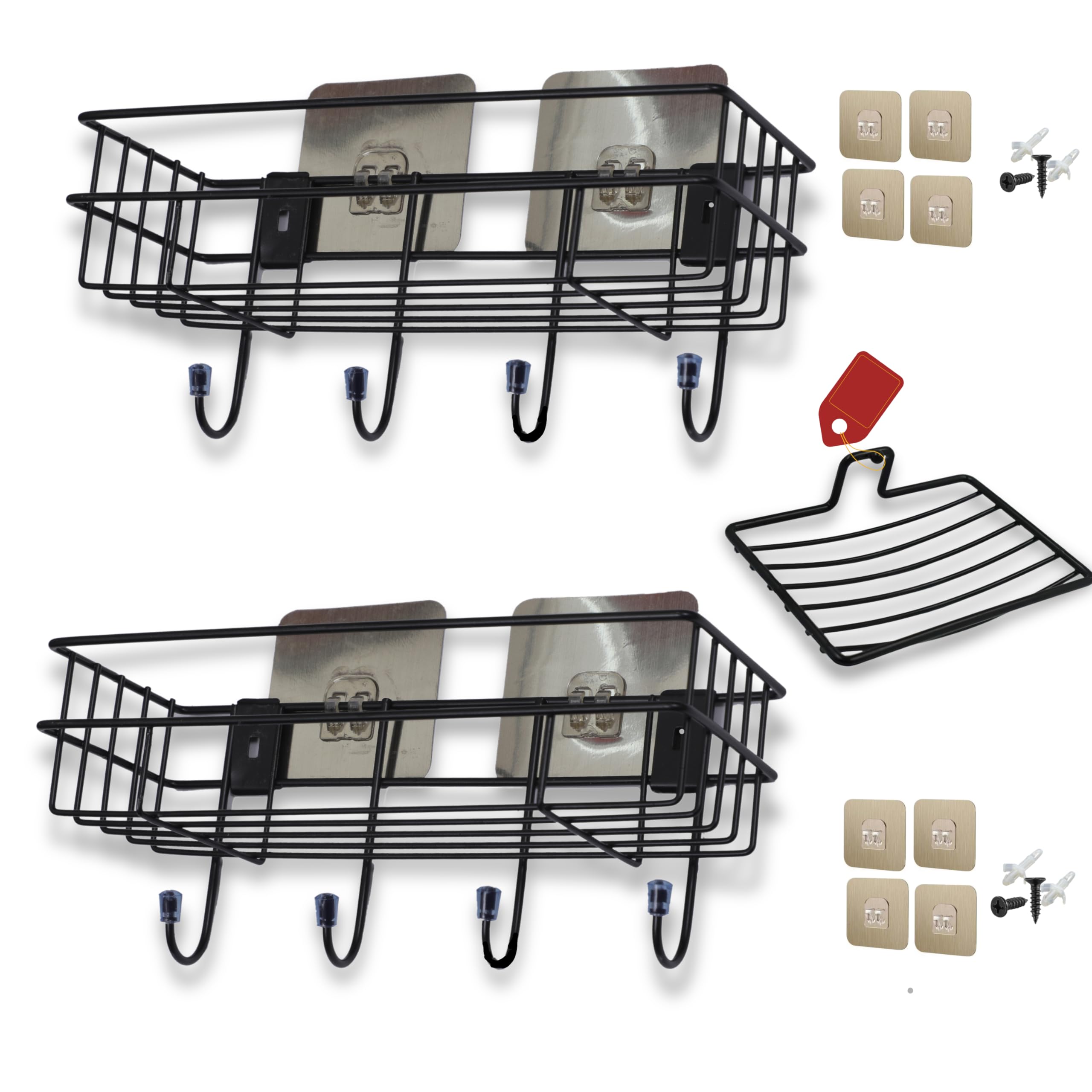 SHATROSSO®- Bathroom Shelf for Wall with Hooks-Adhesive Bathroom Shelf/Rack-Wall Mount Bathroom Organizer- Without Drill- Black Powder Coated (Pack of 2 - Includes Adhesive Soap Shelf) (B0CTTFWQNY) Amazon Price History, Amazon Price Tracker