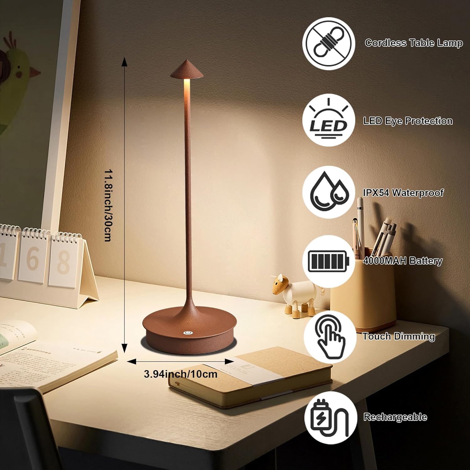 Cordless Table Lamps Rechargeable, LED Desk Lamp 4000mAh Battery Operated Outdoor Waterproof Portable Touch Dimmable Table Light for Patio/Restaurant/Bar/Indoor (Brown-2PC)