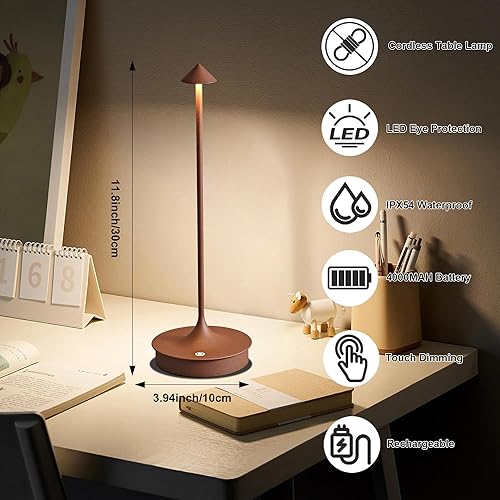 Miniatura 3 de LJXiioo Lámpara de mesa inalámbrica, luz de mesa recargable, lámpara de escritorio LED alimentada por pilas, lámpara de noche con atenuación
