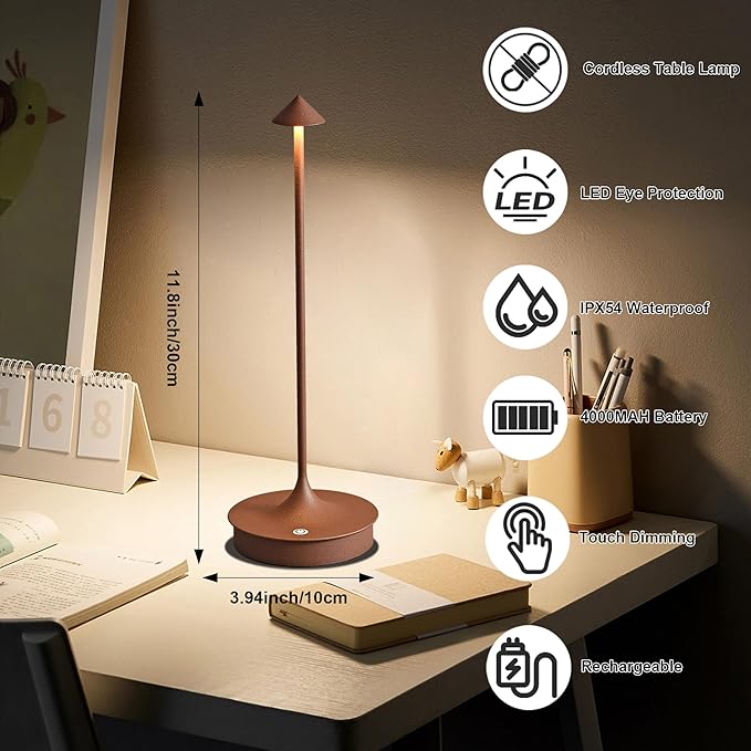 LJXiioo Cordless Table Lamps Rechargeable, LED Desk Lamp 4000mAh Battery Operated Outdoor Waterproof Portable Touch Dimmable Table Light for Patio/Restaurant/Bar/Indoor (Brown-1PC) photo 3