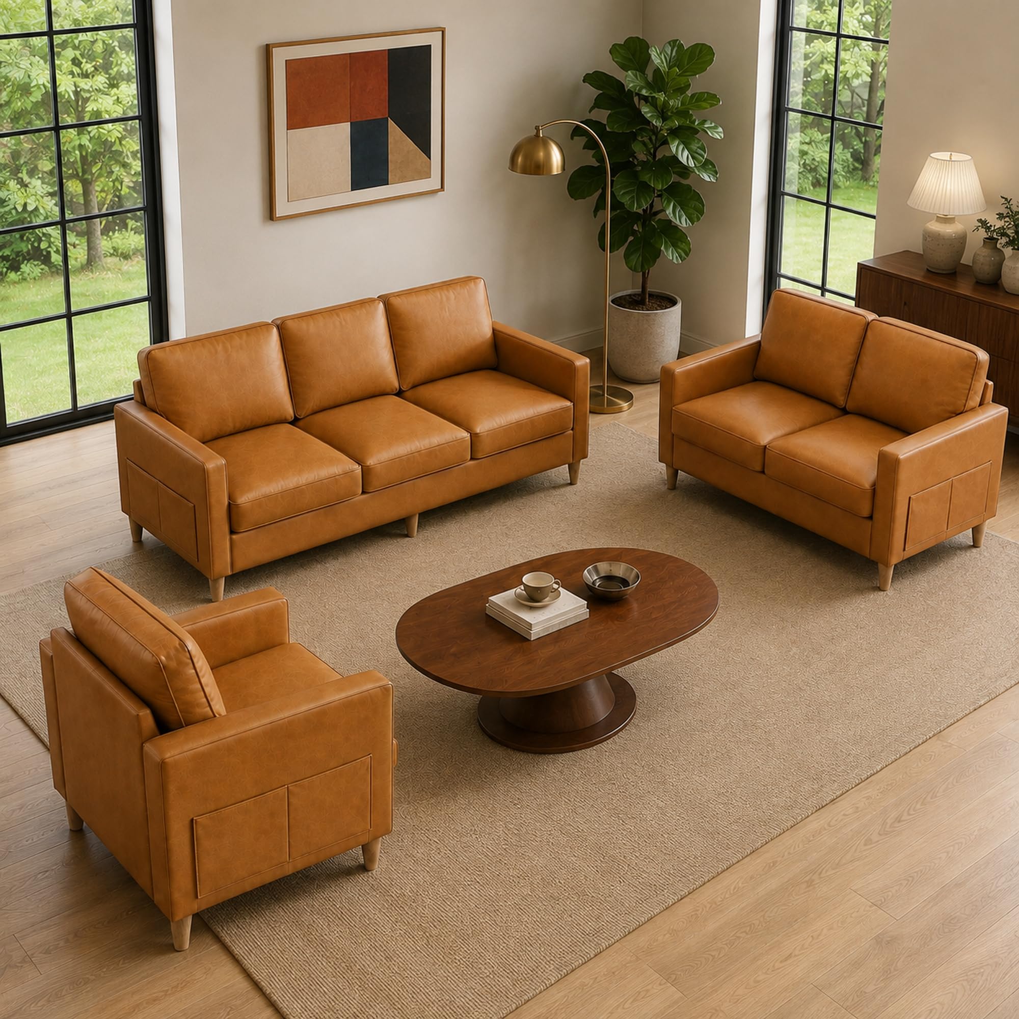 3-Piece Sofa Set for Living Room Faux Leather Couch with Loveseat and Chair