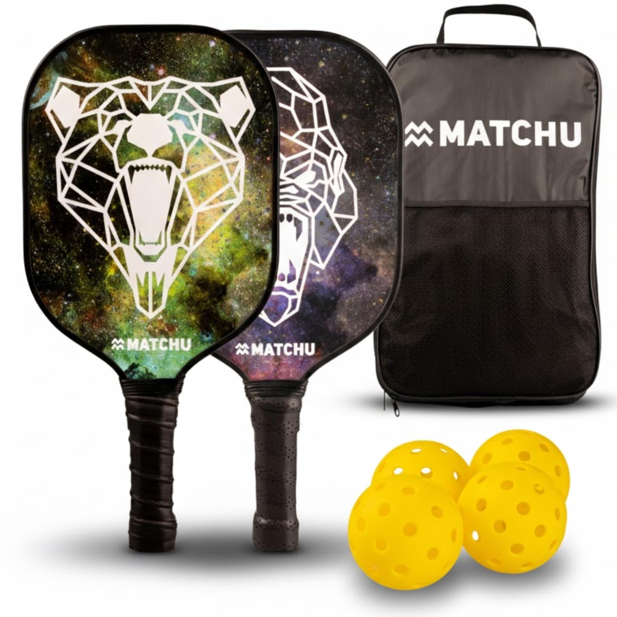 MATCHU - Pickleball Set mit 2 Schlägern, 4 Bällen und praktischer Tragetasche - 100% Carbon - 19,5 × 1,5 × 40 cm - 200 Gramm pro Schläger - Textured Surface Technology - Edge Guard - Grün/Lila