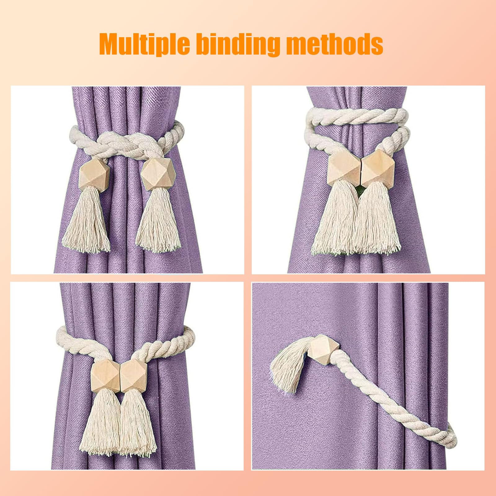 Lot de 2 Embrasses de Rideaux Magnétiques 60 cm en Coton et Perles Bois, Style Bohème pour Pâques et Carnaval, Attache Rideau à Pompons pour Salon et Fête