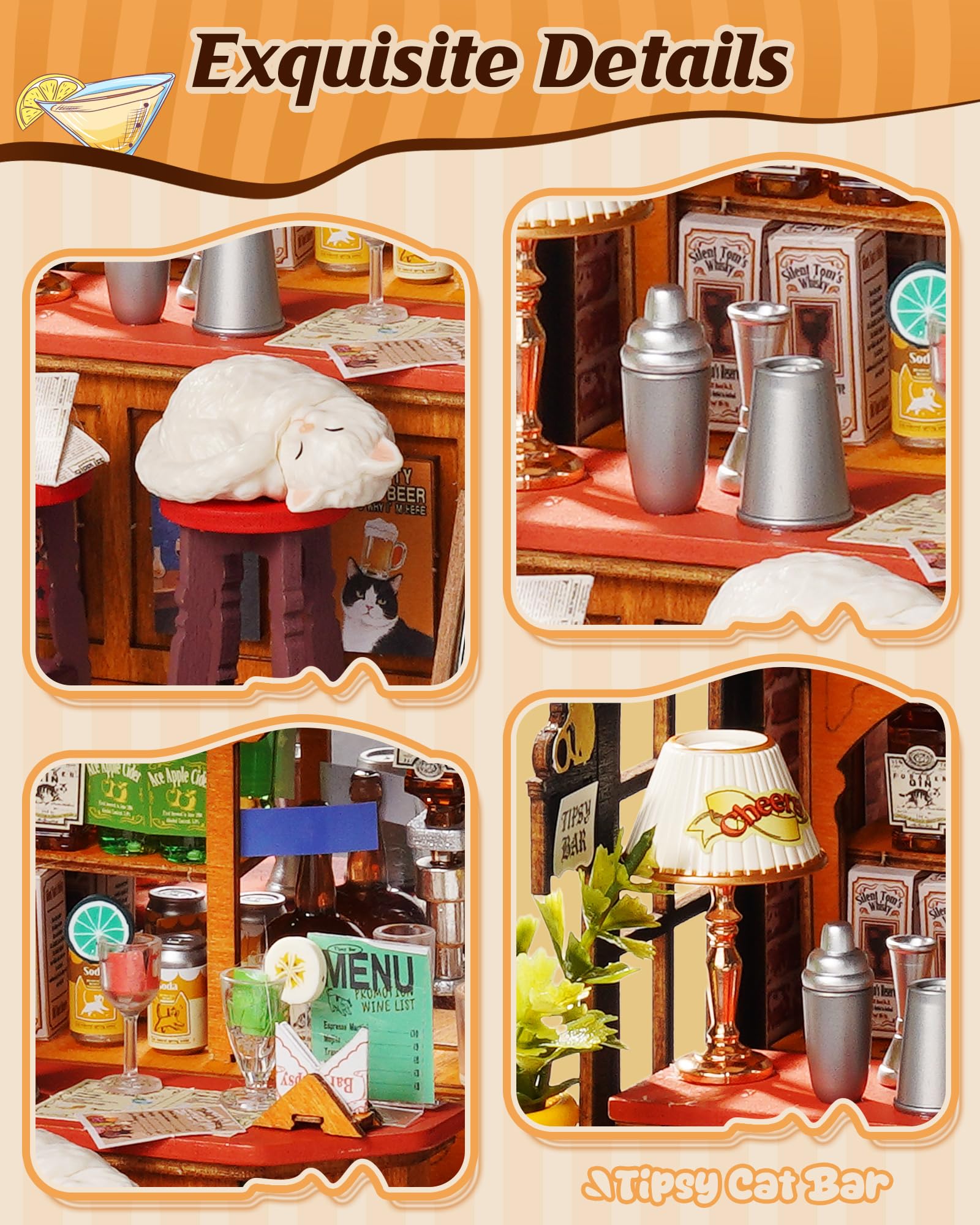 Rolife Miniatur Haus Tipsy Cat Bar, 136-teiliges Mini Haus Selber Bauen Bastelset Erwachsene für Jugendliche Kein Kleber erforderlich, Puppenhaus Tiny House Bausatz 3D Puzzle Book Nook