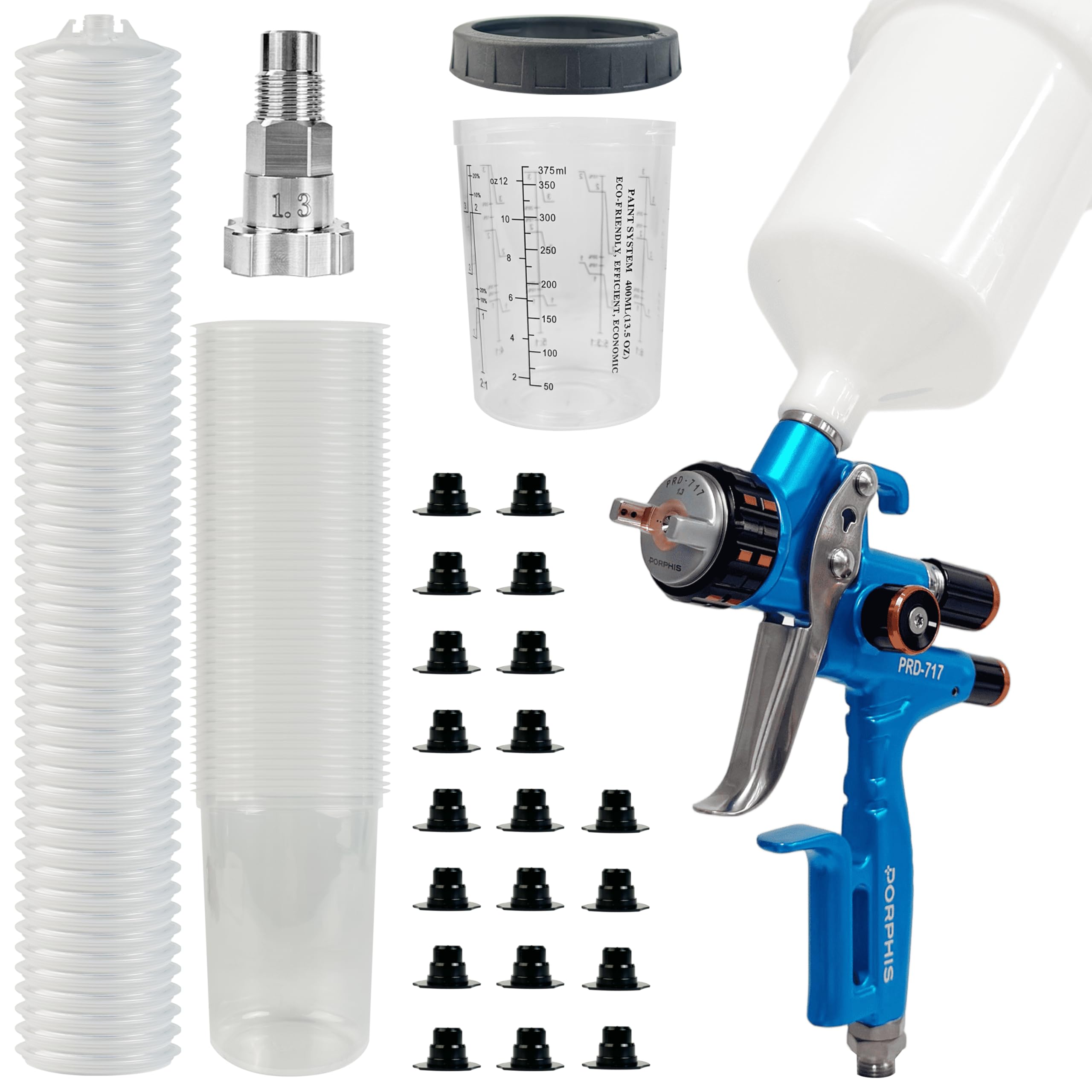 Paint Spray Gun PRD-717 VS Type with Split Nozzle 1.3mm Spray Gun + Disposable Paint Cups 400ml/13.5oz 50 Sets
