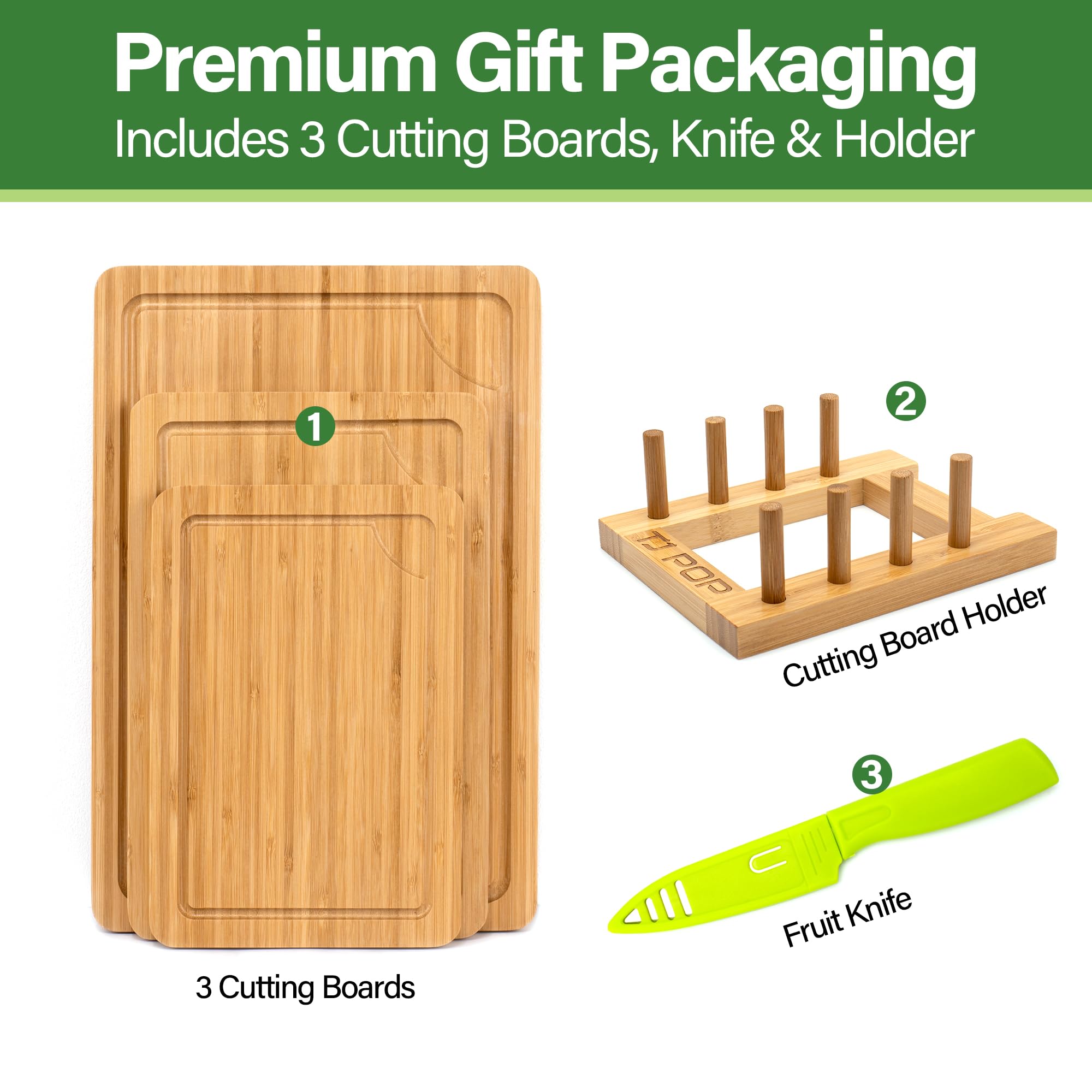Bamboo Chopping Boards Set of 3 for Kitchen Double-Sided Bamboo Cutting Boards with Stand and Juice Groove - Image 3