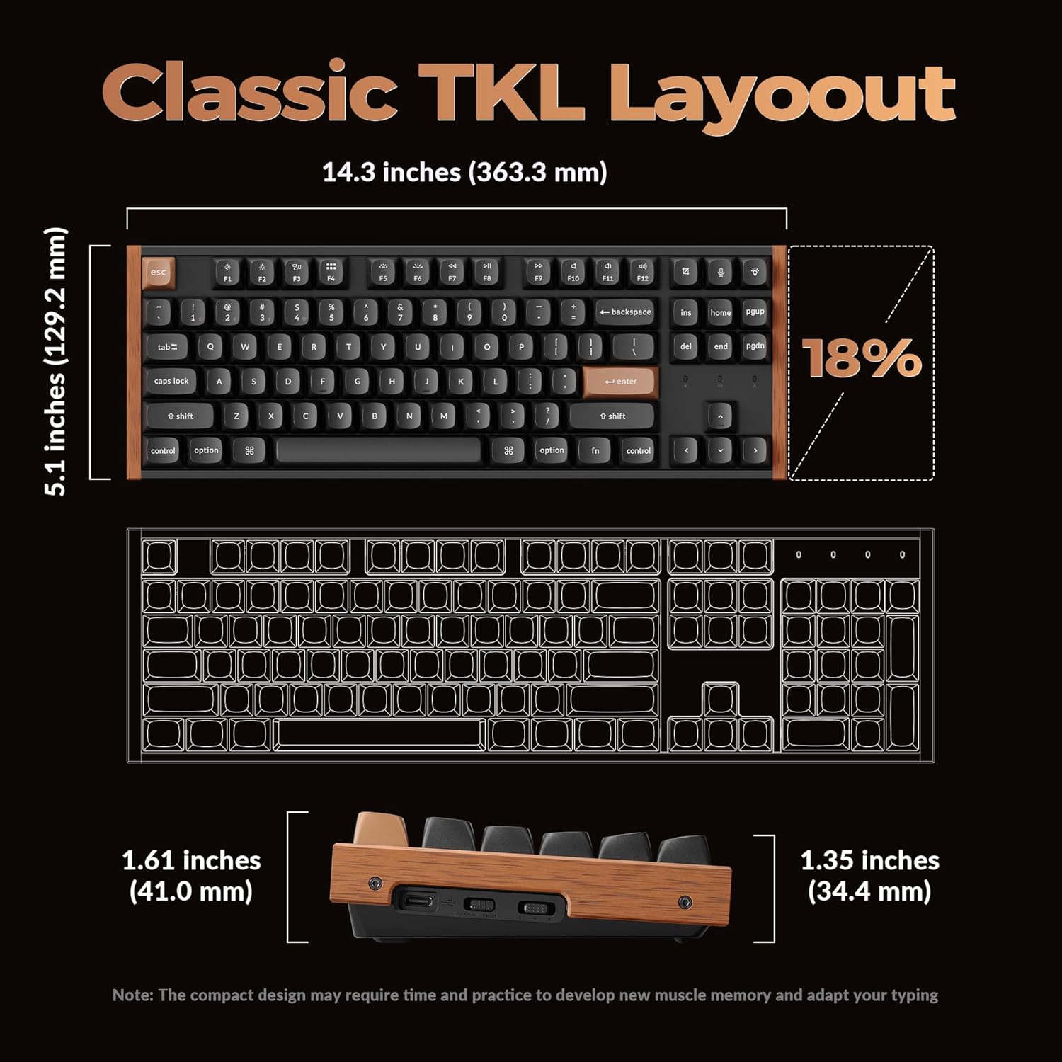 Diagram der viser dimensionerne af Keychron K8 HE TKL-tastaturet.