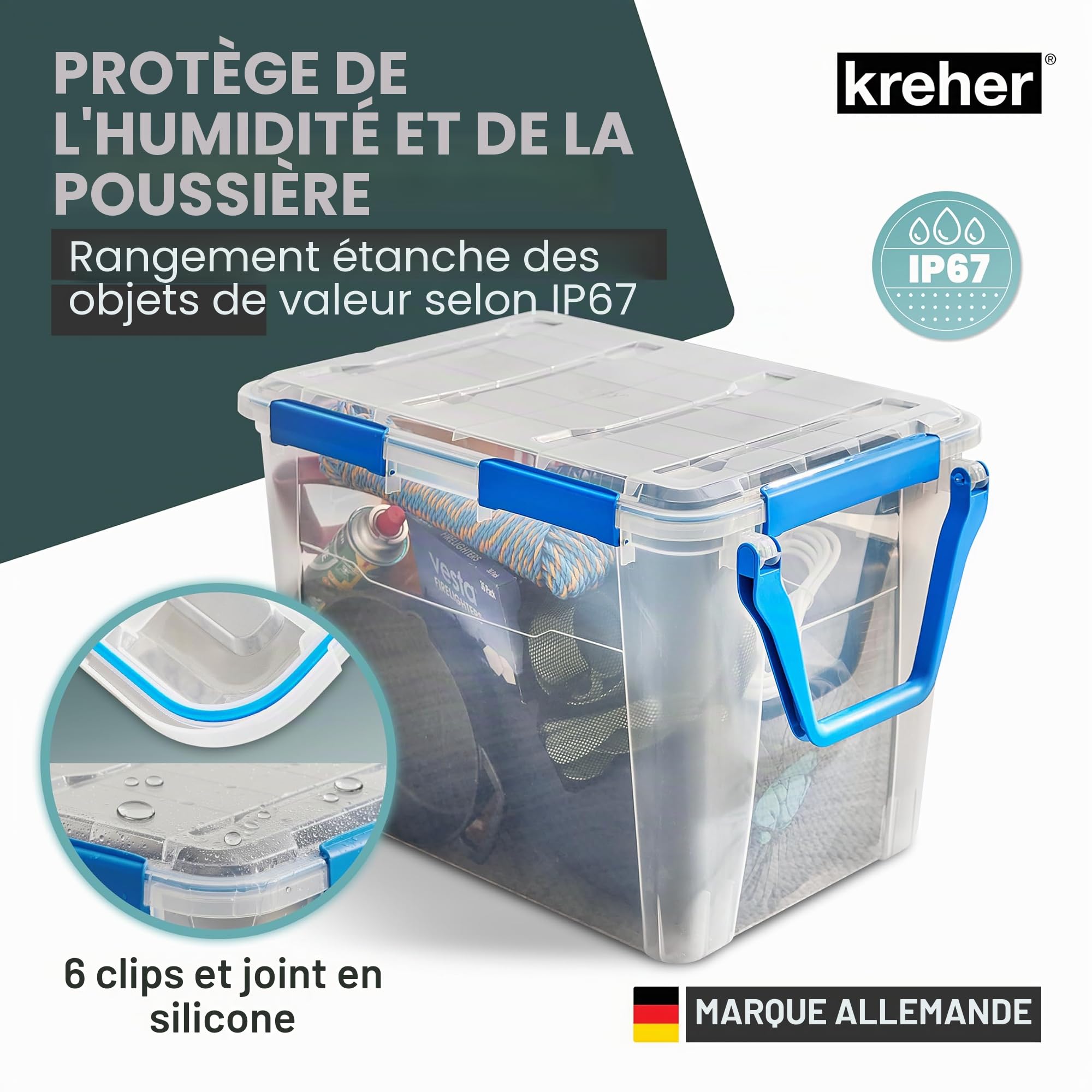 Kreher Boîte de rangement 100 litres avec couvercle, étanche, résistante à la poussière, transparente et empilable, sans BPA et sans substances nocives, boîte en plastique robuste avec joint en