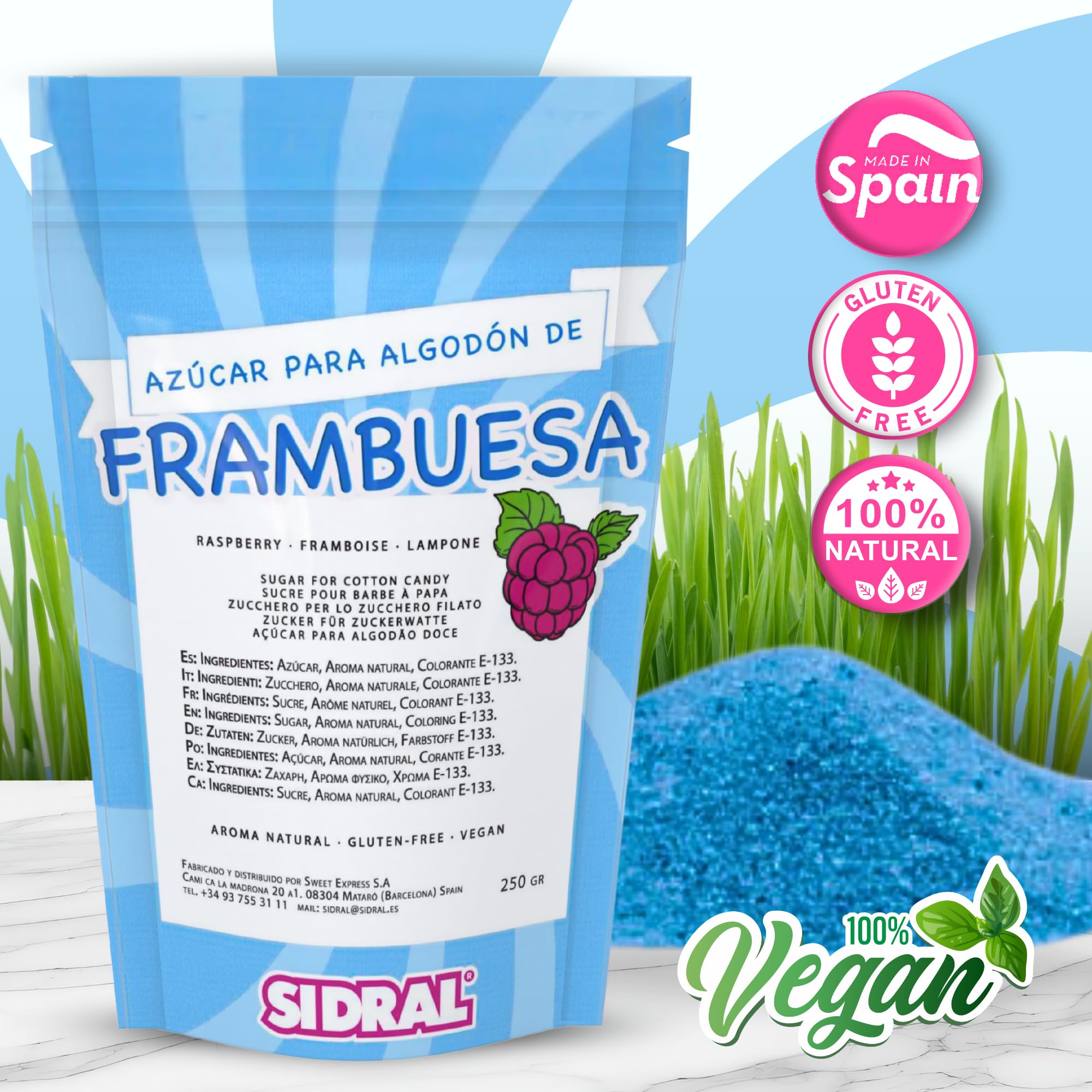 SIDRAL-Zucchero per Zucchero Filato (2x250 gr) - Set di 2 Gusti (Fragola / Lampone) - Aromi e Colori Naturali - 20 Bastoncini -