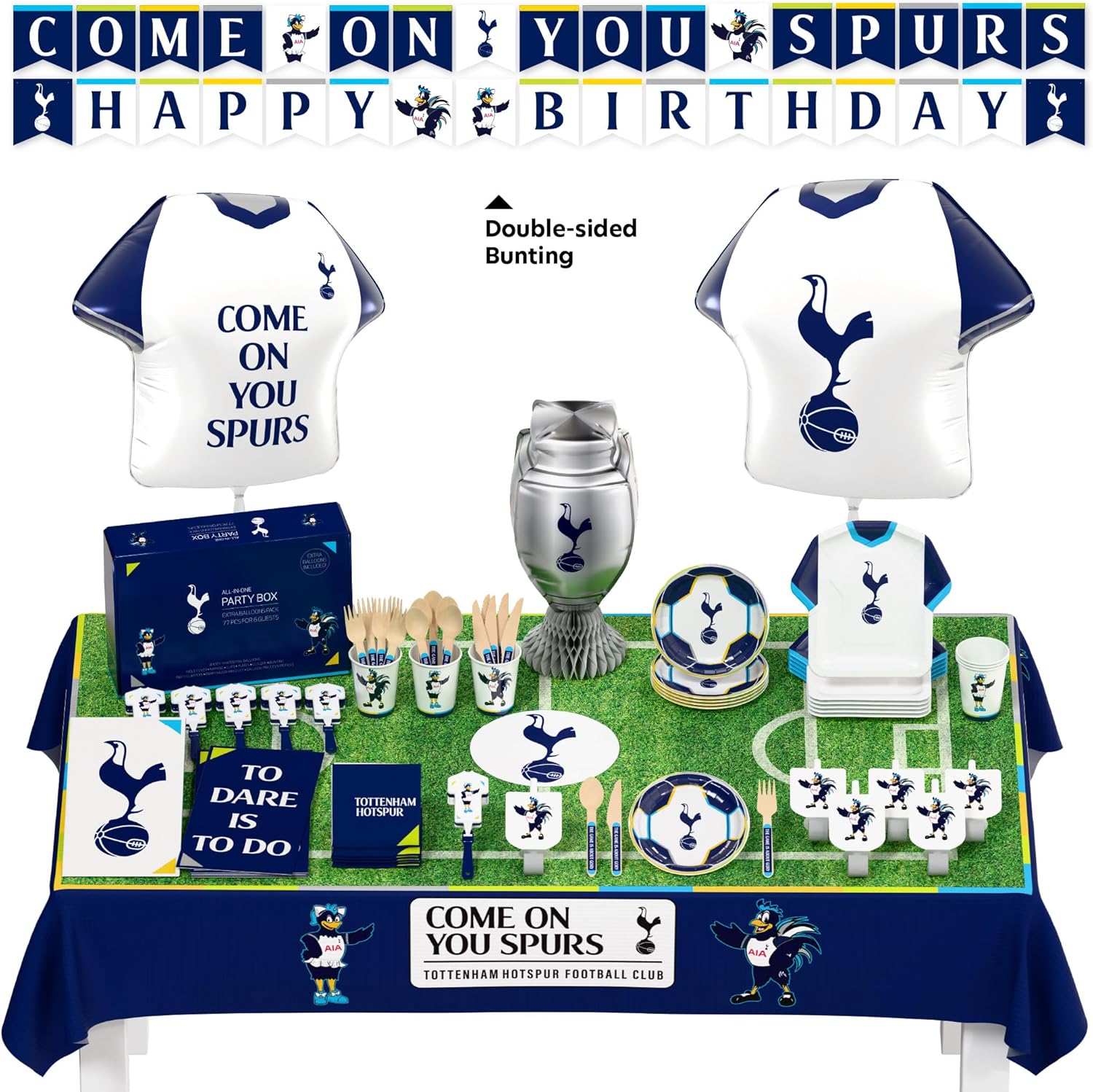 Official Tottenham Hotspur FC Party Box, 77-pcs All-in-One for 6 Guests | Disposable Tableware Set w/ Cutlery, Jersey Foil Balloon, Decorations & Party Favors