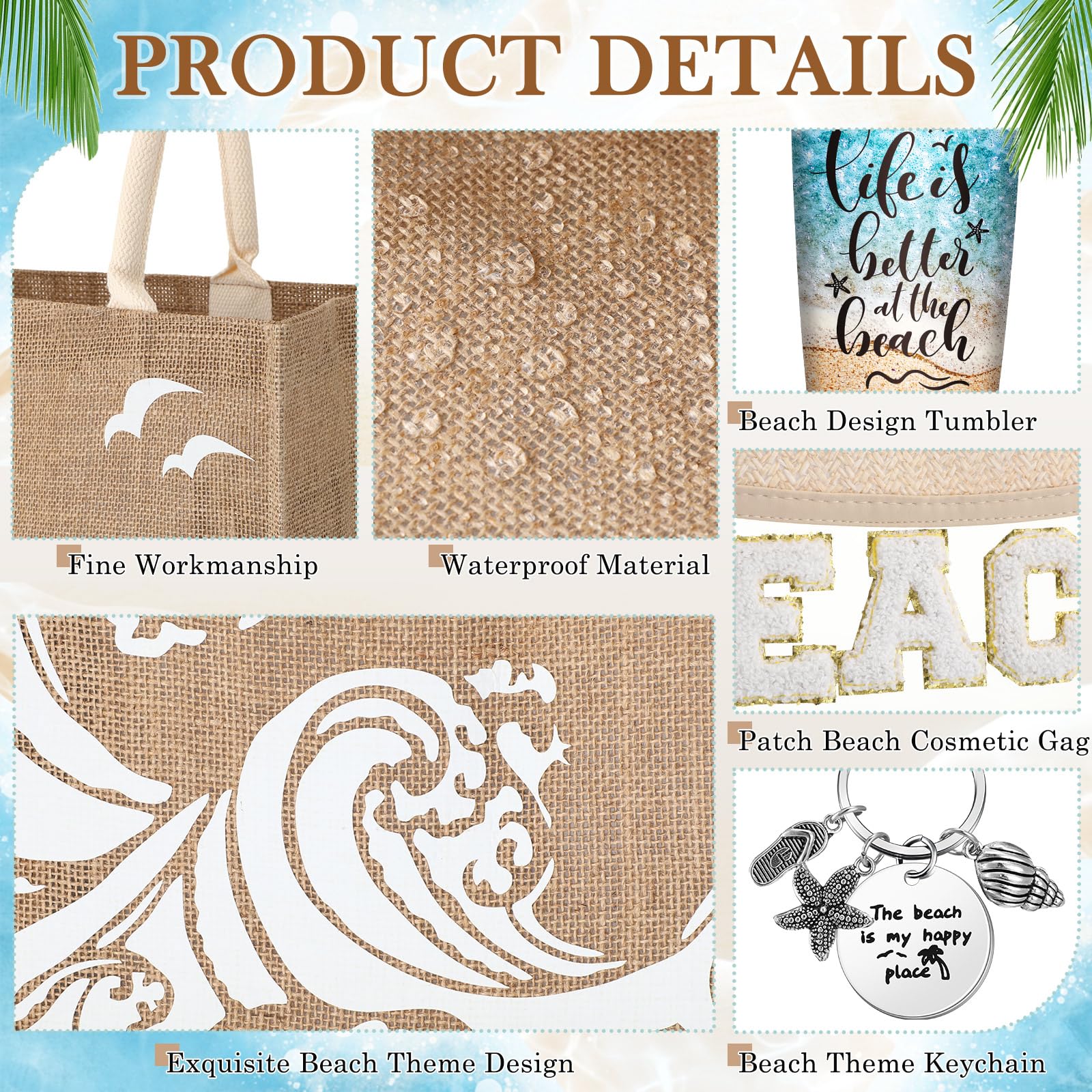 6 Pcs Beach Gifts for Women Set Beach Theme Gift Set Burlap Tote Bags Cosmetic Bag 20 oz Tumbler Keychain for Birthday Holiday Travel Wedding Bridal Shower Bride Bridesmaid Honeymoon(Classic)