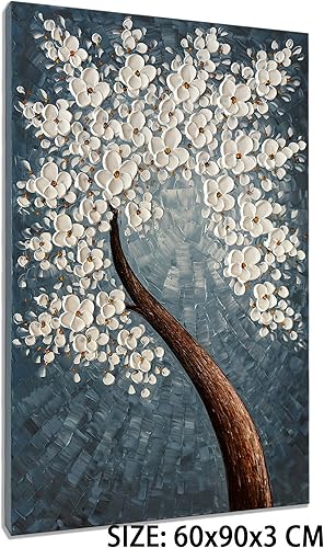 Miniatura 2 de zoinart 100% pintado a mano abstracto moderno lienzo de flores pinturas de pared de 20 x 40 pulgadas, pintura al óleo floral blanca en 3D sobre