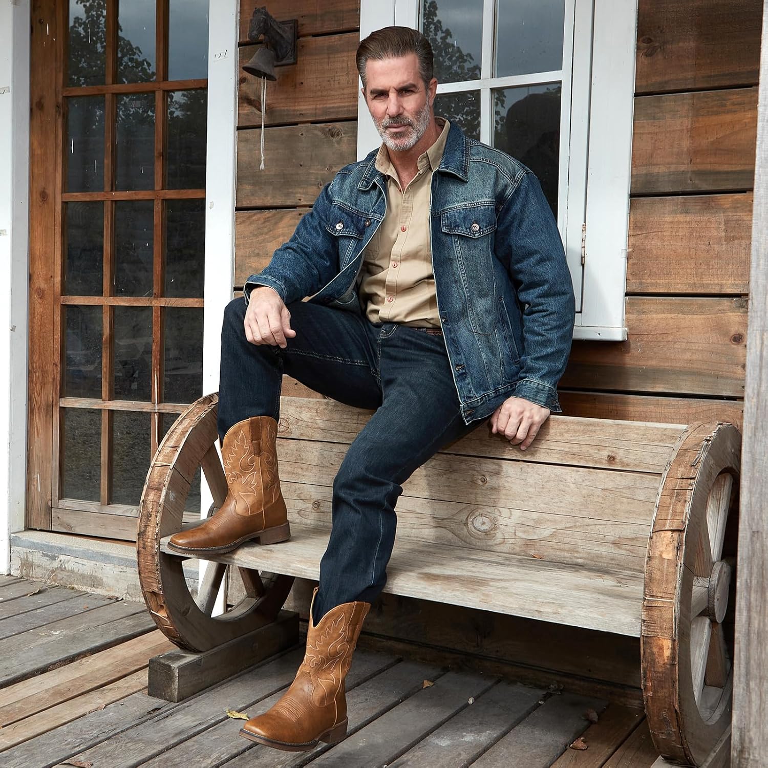 IUV Cowboy Boots for Men Square Toe Chunky Heel Western Boots with Retro Classic Embroidered Pull on Mid Calf Slip Resistant Casual Shoes - Image 2