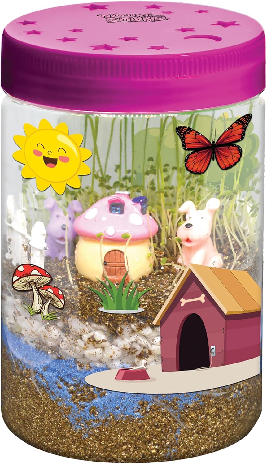Nature Bound Light-Up Terrarium Kit with LED Light for Kids - Includes Puppy Animal Theme - STEM Science Kit for Boys & Girls - Plant Gardening Gifts for Children (Pink)