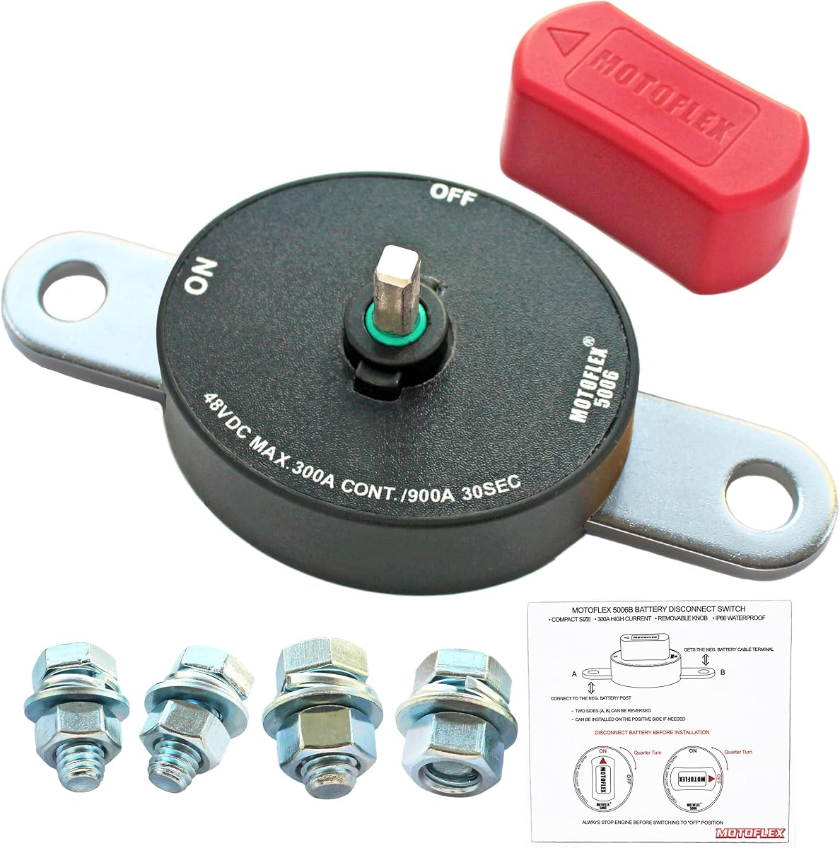 ON/Off Battery Disconnect Switch 12V-48V (Corrosion-Resistance, Waterproof) | 300A/900A, Marine Grade, Removable Knob, Heavy Duty for Side Post Car Truck Marine Boat RV Trailer, Battery Cut Shut Off