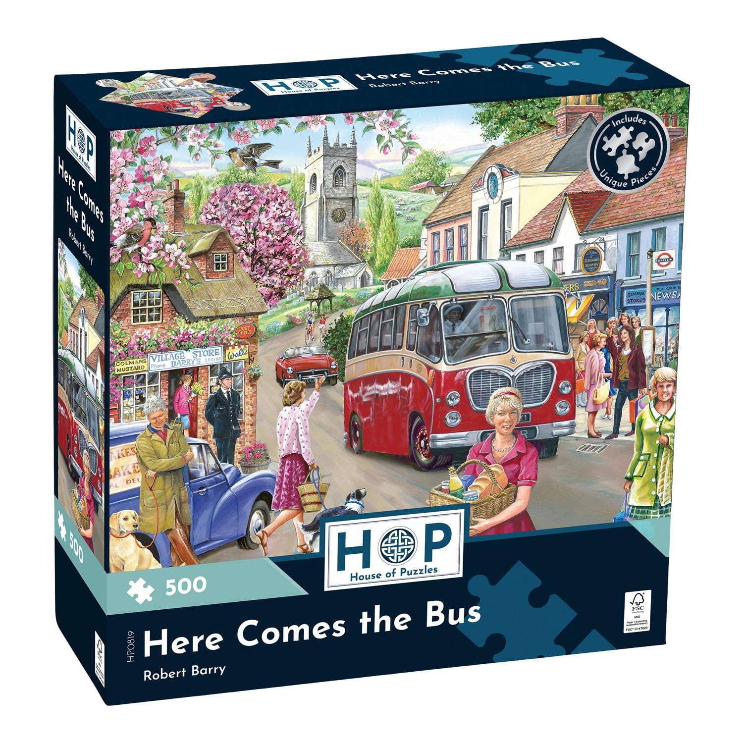 The House of Puzzles | Here Comes the Bus 500 Piece Jigsaw Puzzle | Towns and Villages Theme | Artwork by Robert Barry โ image 1