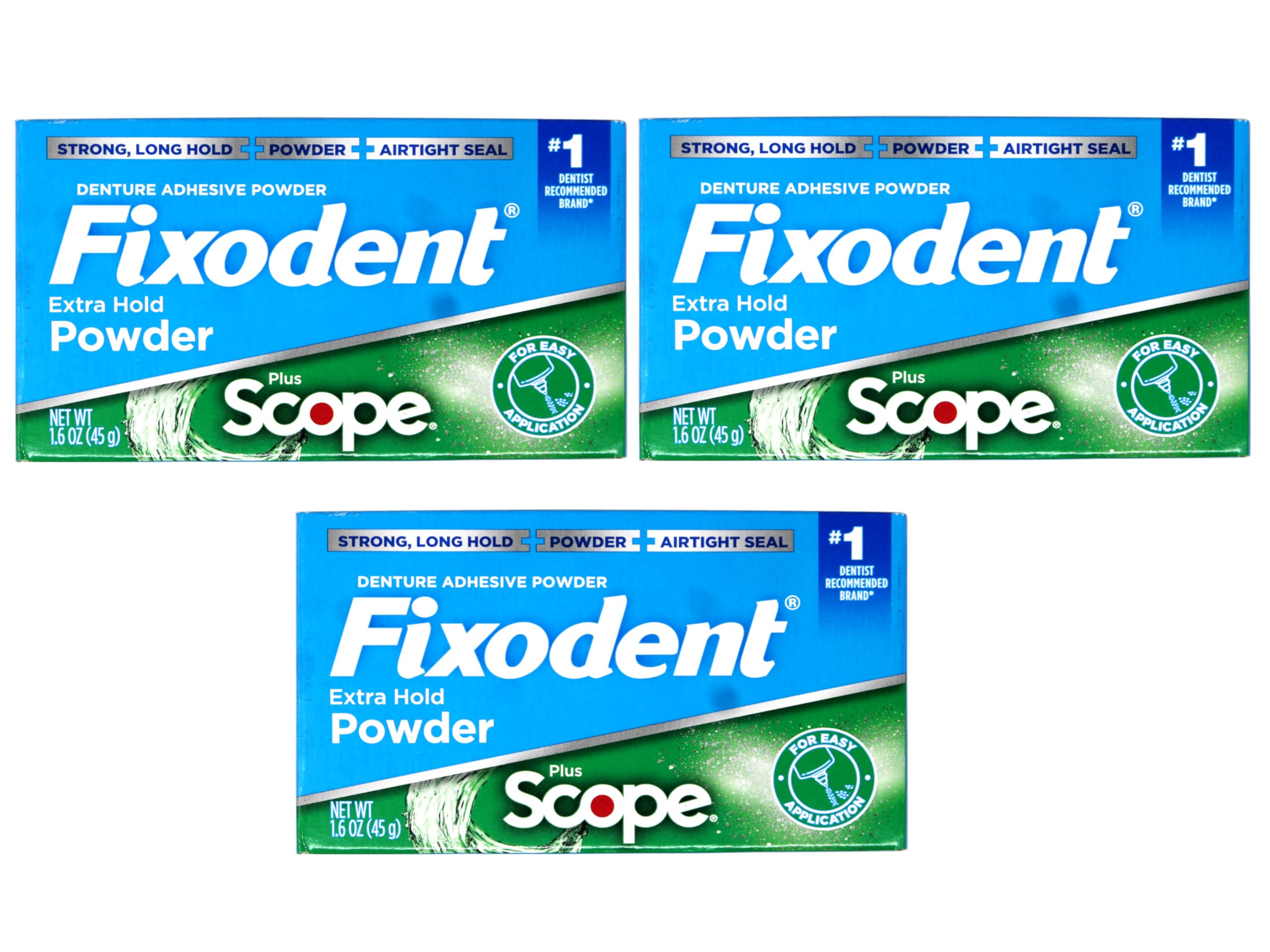 Fixodent Denture Adhesive Powder, Extra Strong, Plus Scope, Strong, Long Hold Powder, Airtight Seal, 1.6 OZ, Pack of 3