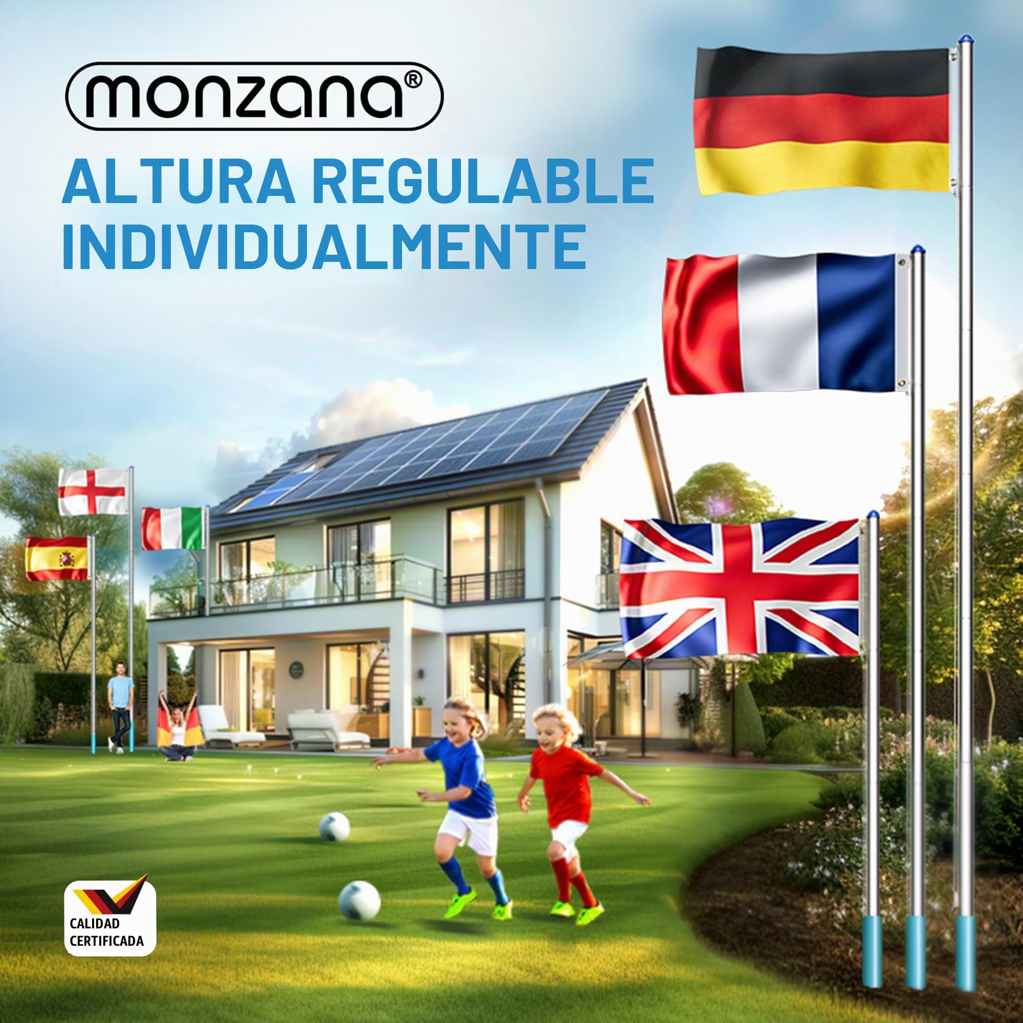 MONZANA® Asta para Bandera 6,5m Aluminio Cuerda para Izar Altura Regulable Telescopica Bandera España Española