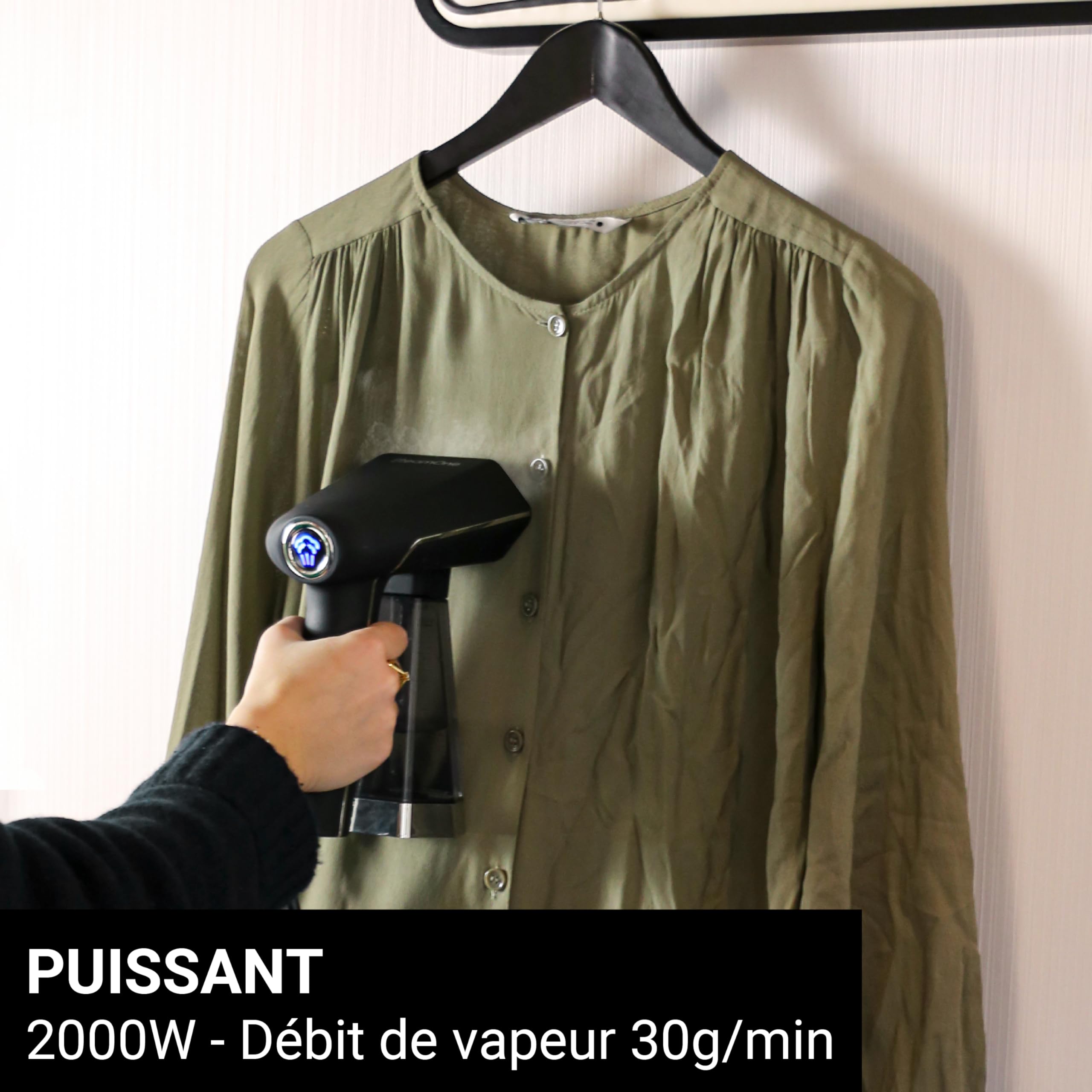 STEAMONE- Steamer Defroisseur Vapeur 2000W 30g/min - Fer Portatif Autonomie 20min(300ml) - Élimine 99,99% d'Impuretés - Cable 3m - Prêt en 40s - Ultra Puissant et Pratique - 2 Modes - SN300SB-A