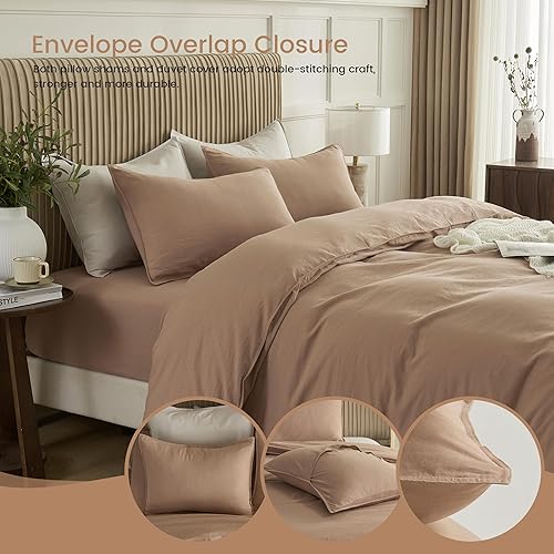 Miniatura 4 de BISELINA Juego de funda de edredón de lino francés de 3 piezas con cierre de cremallera oculto, mezcla de lino natural y algodón, color sólido,